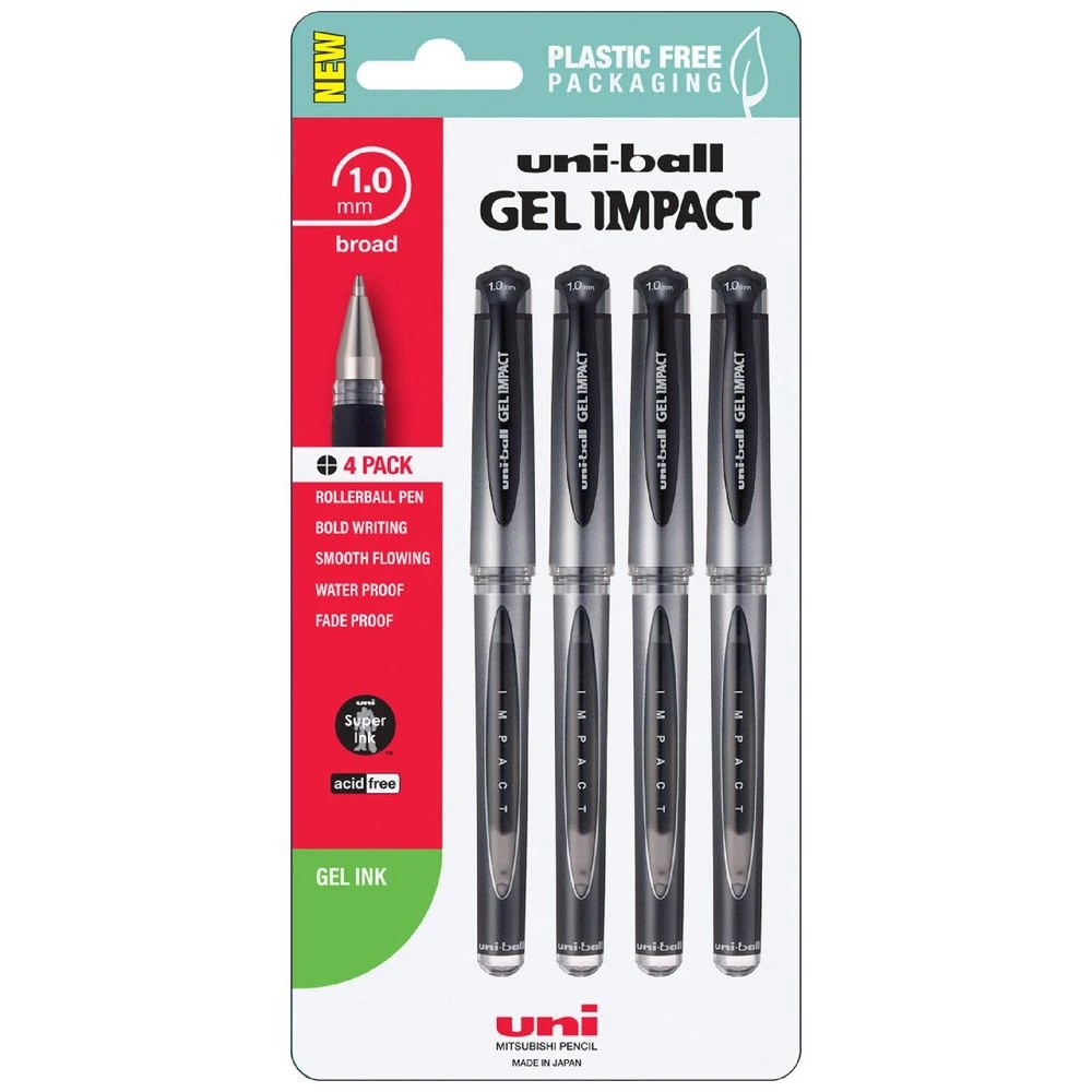 1 Uni-Ball Gel Impact Gel Pen 1mm Black 4 Pack, 1 of 3