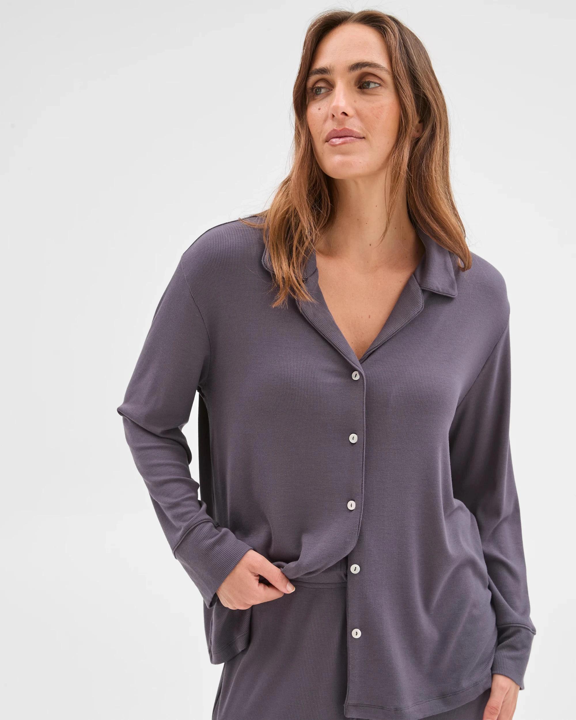 4 Target Woman Long Sleeve Rib Pyjama Shirt CHARCOAL, 4 of 6