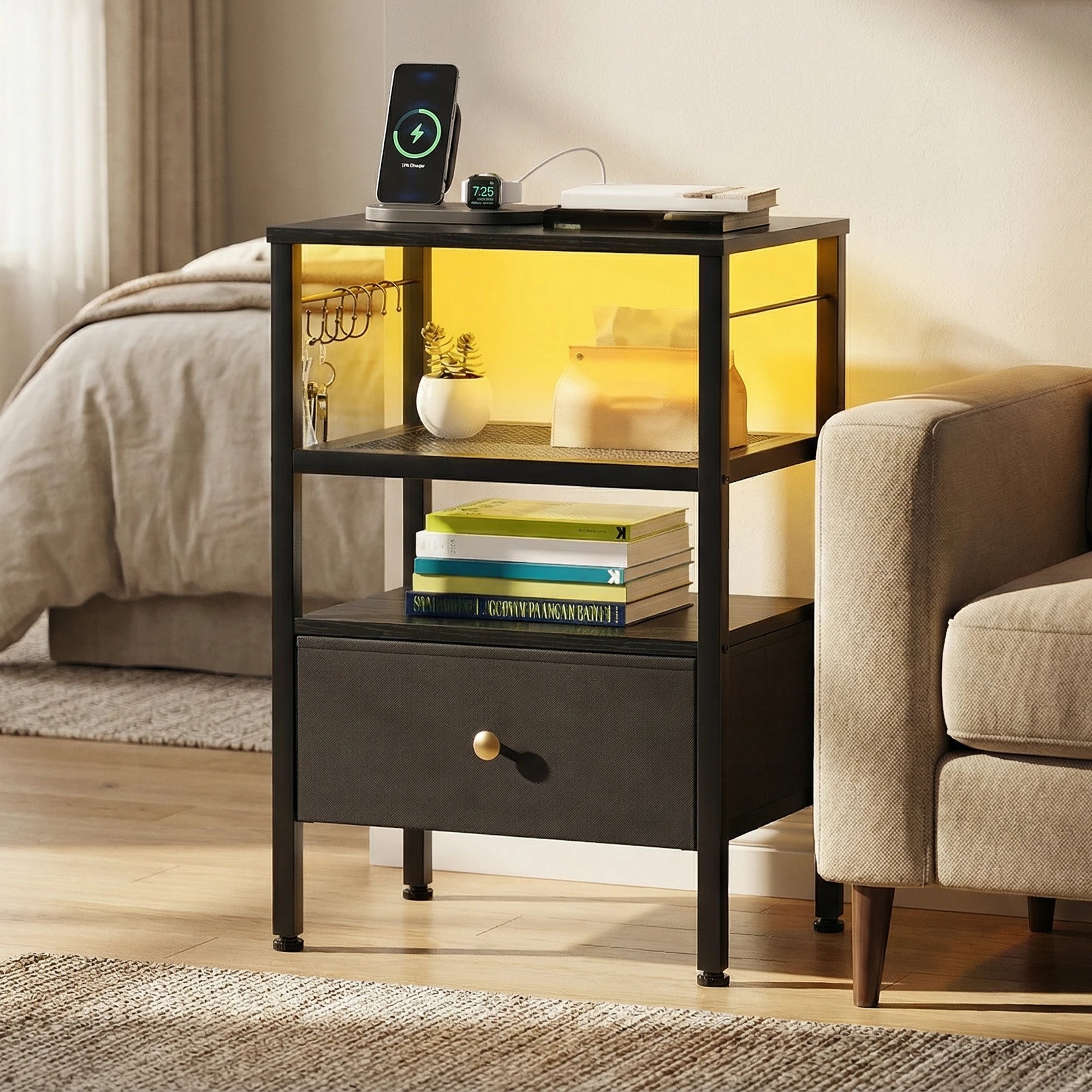 2 Advwin Bedside Table with Fabric Drawer Charging Station LED Lights - Black, 2 of 5