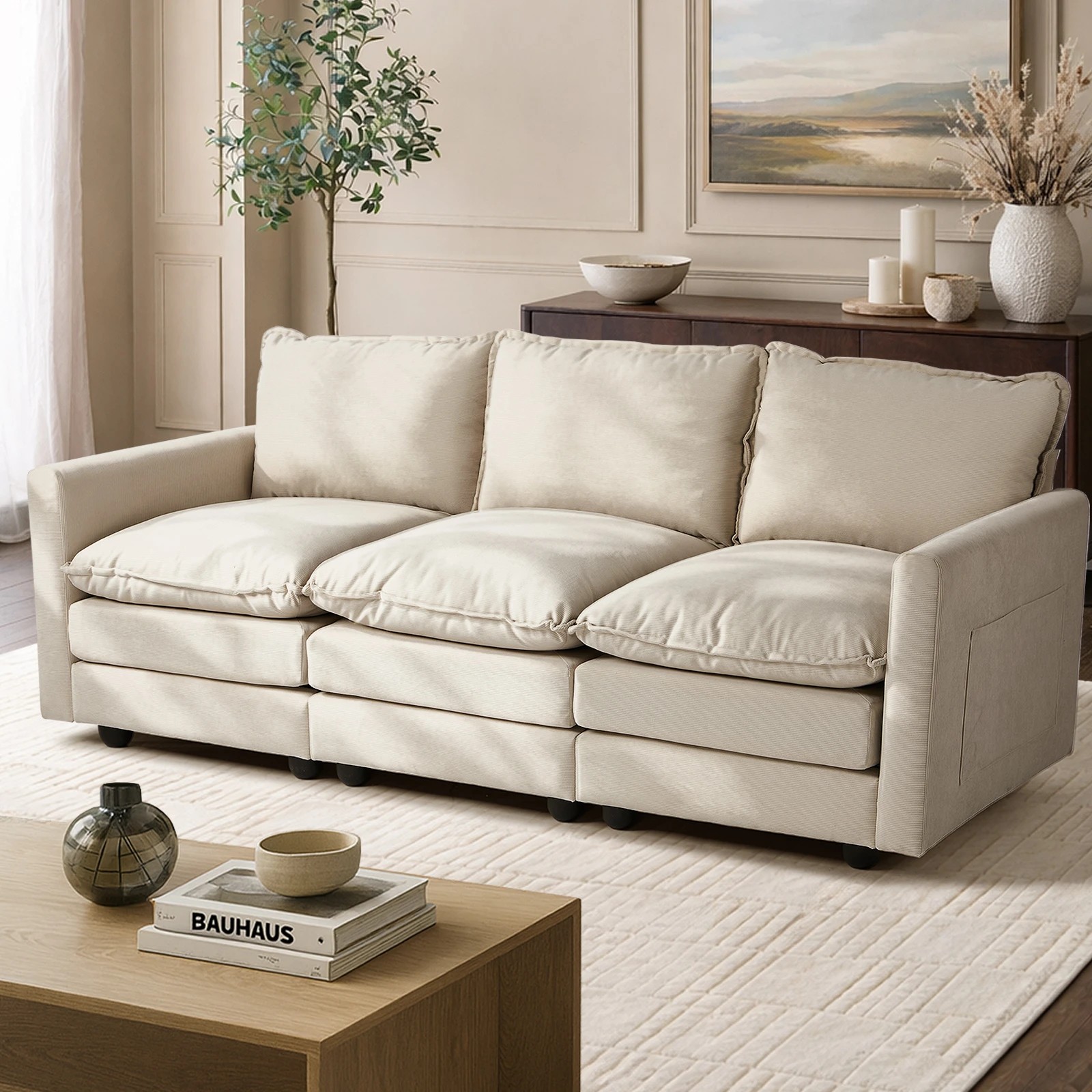 4 Oikiture Sofa Futon Lounge Couch Corduroy - Beige, 4 of 10