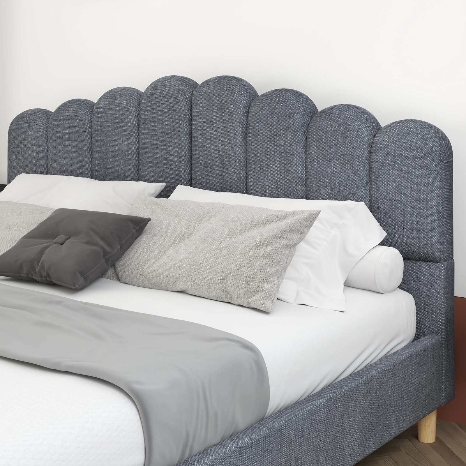 4 Alfordson Bed Frame Double Size Upholstered Platform Base Fabric Tania - Grey, 4 of 10