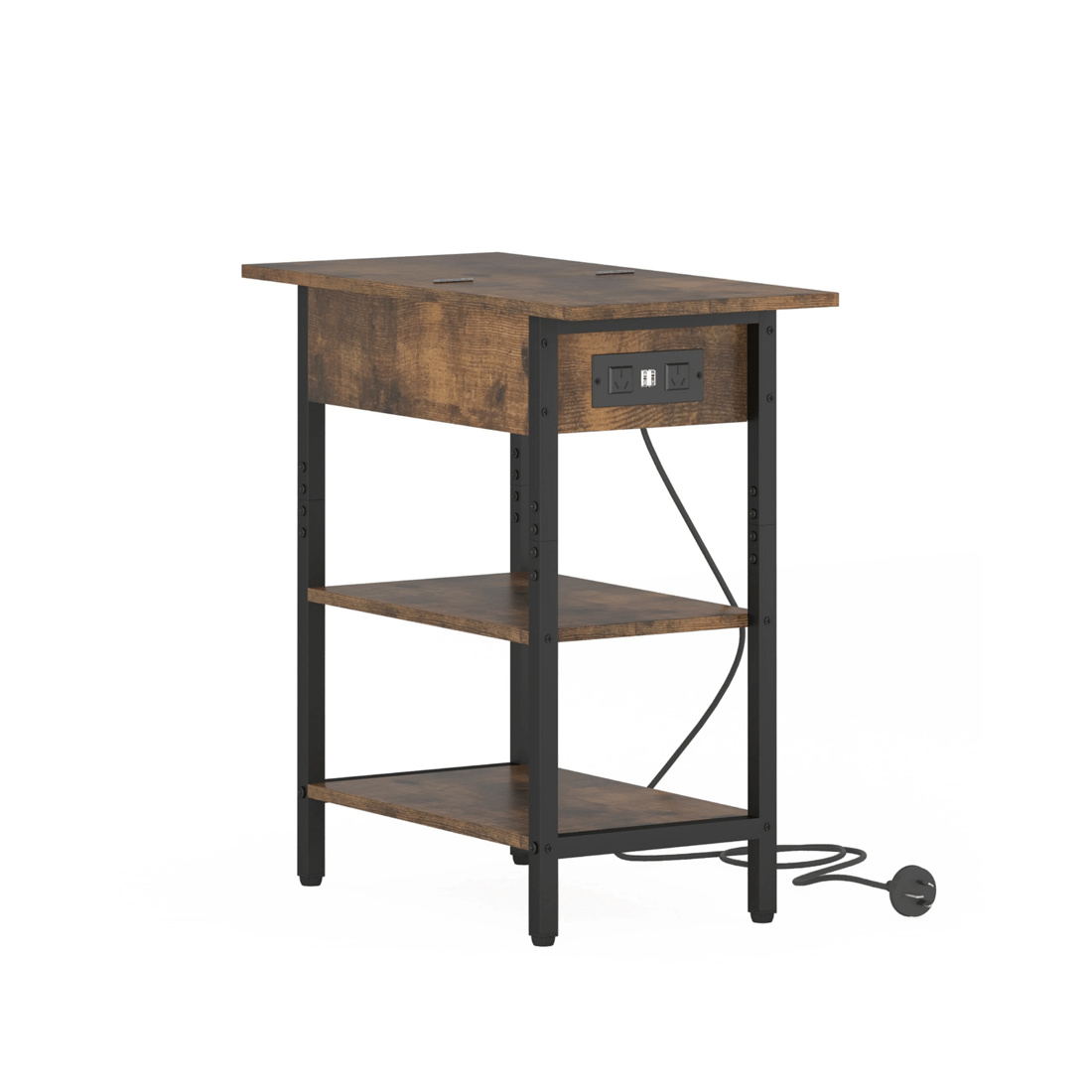 1 Advwin Side Table Flip Top Sofa End Table W/ Charging Station Narrow Bedside Table Walnut, 1 of 8