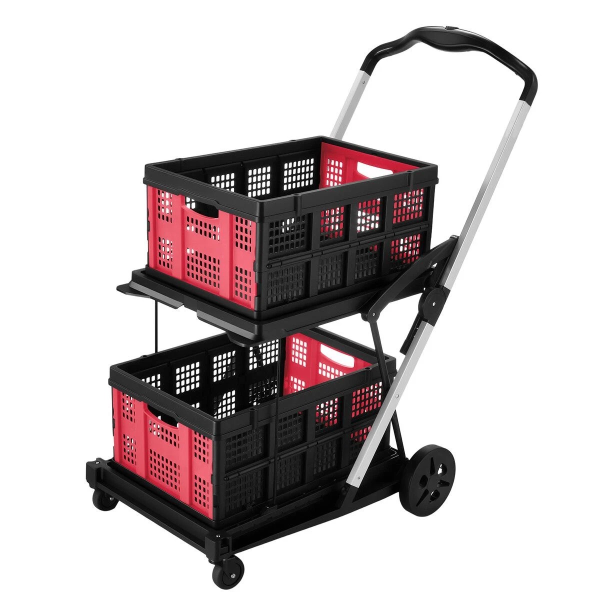 1 AUSWAY Folding Shopping Cart Trolley Hand Truck 2 Baskets Utility Luggage, 1 of 5