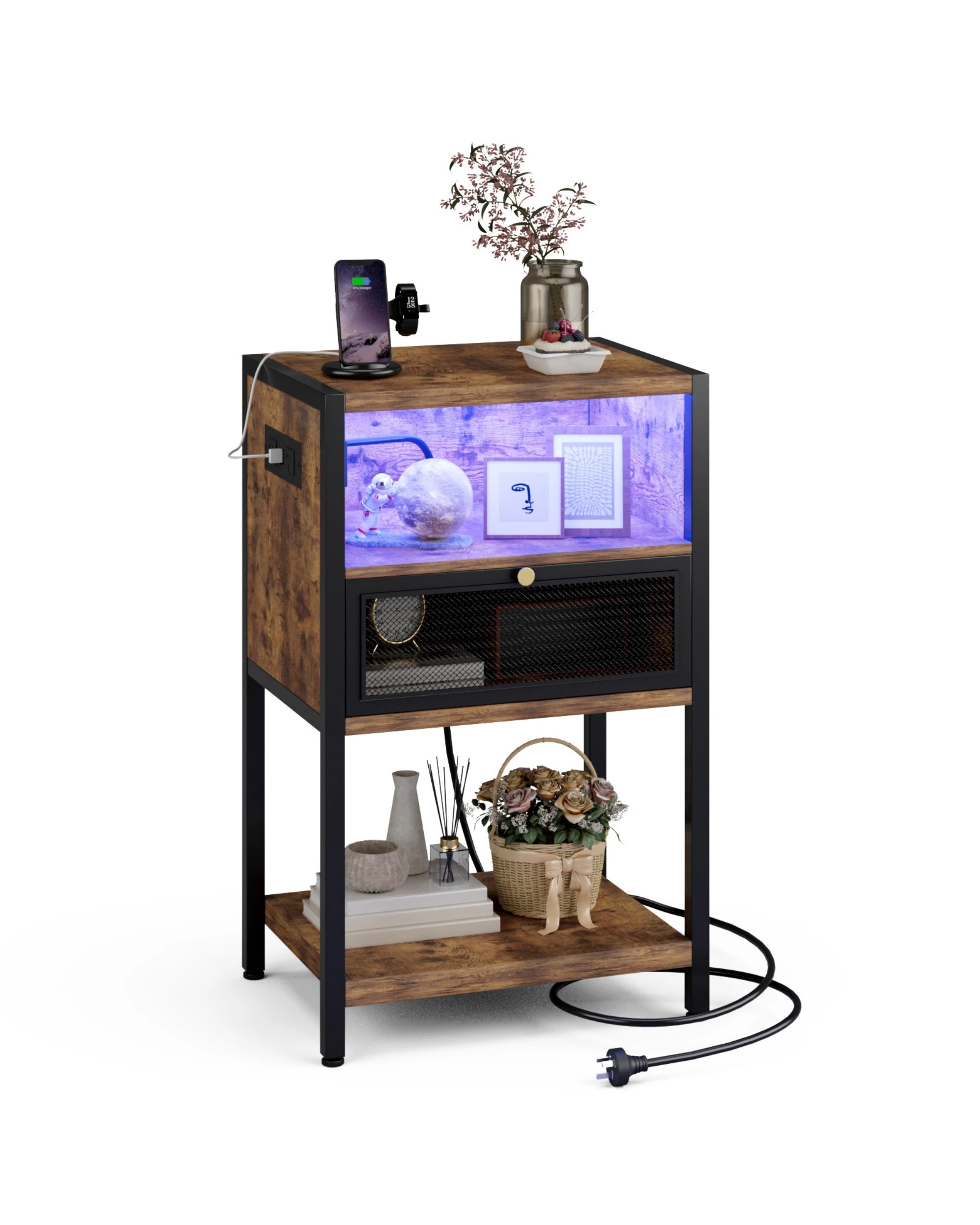 1 Advwin LED Bedside Table with Charging Station Metal Mesh Drawer Nightstand Side Table - Brown, 1 of 9