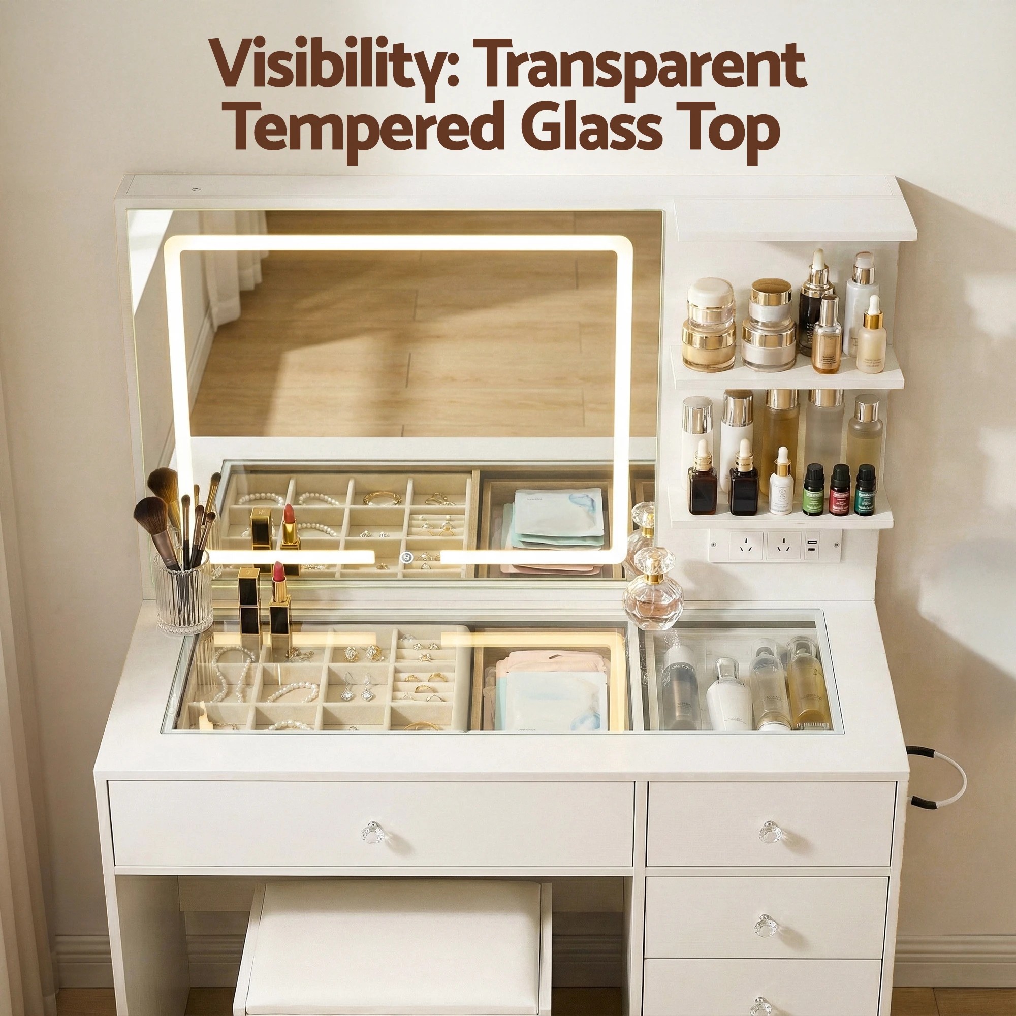 7 Artiss Dressing Table LED Vanity Desk Set Stool - White, 7 of 9