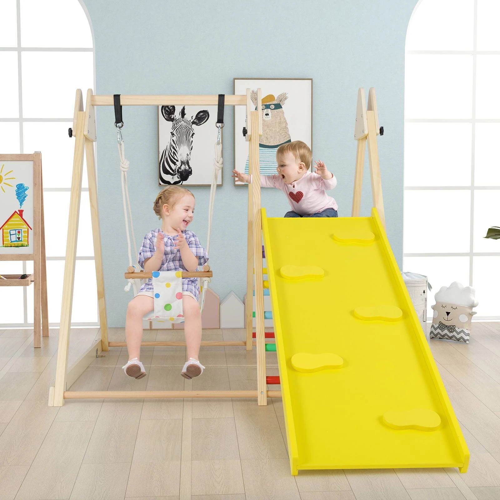 2 Costway Climb Playset 4 in 1 Slide Swing Set Wooden Playground - Multi, 2 of 2