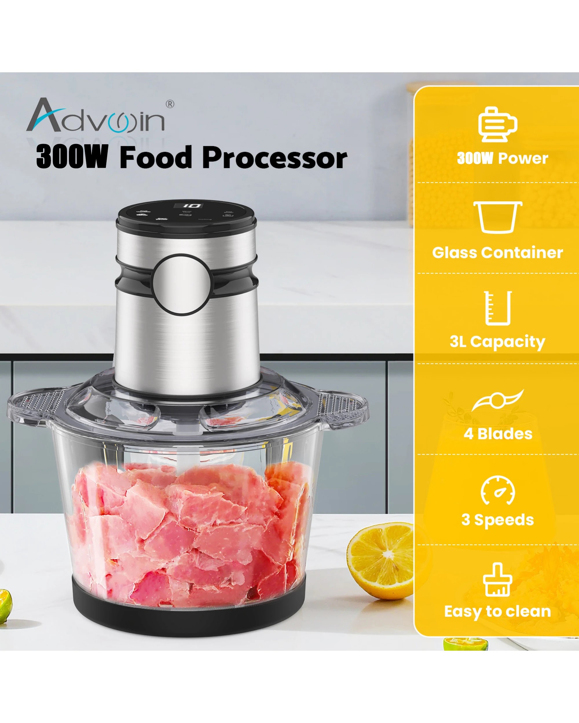4 Advwin Electric Chopper, 3l Food Processor With 4 Sharp Blades, 300w Meat Grinder For Veg/meat/egg, 4 of 9