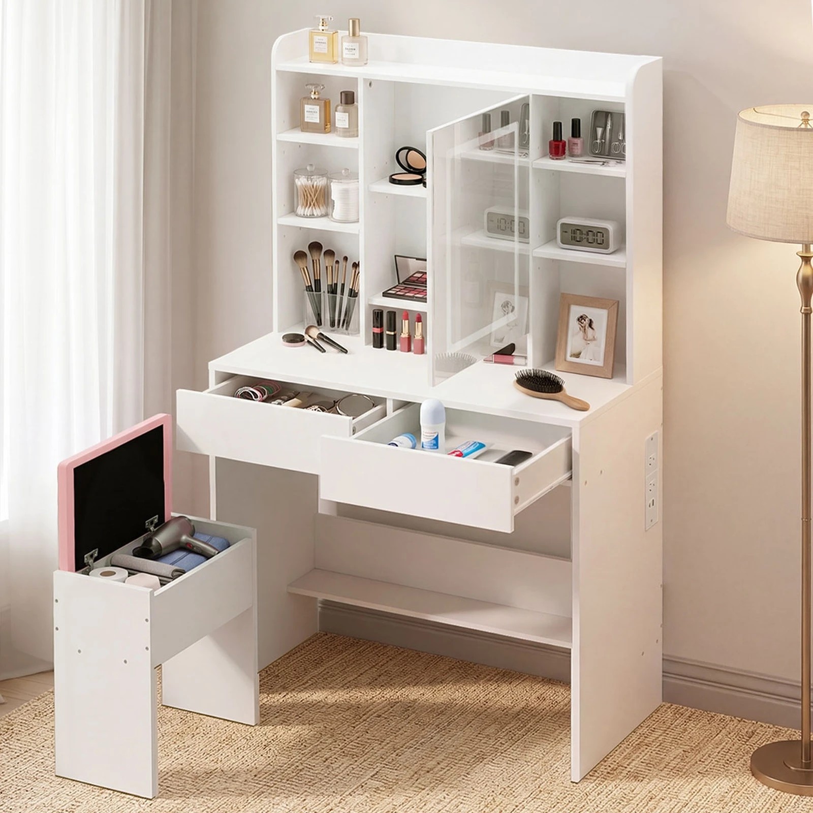 Oikiture Dressing Table Set Touch Control LED Mirror with Charging ...