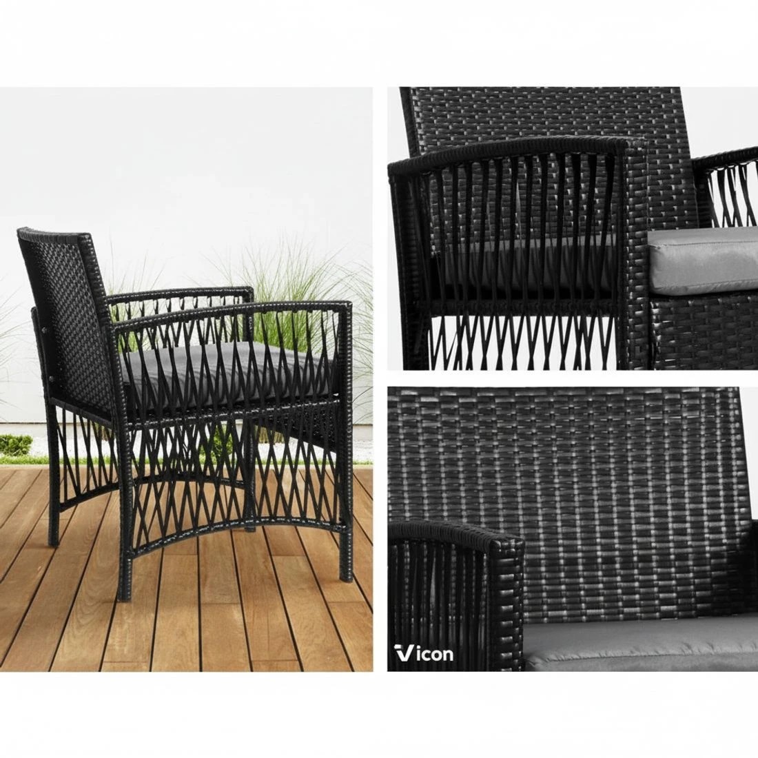 6 Gardeon 3pc Outdoor Bistro Set Patio Furniture Wicker Dining Chairs Table Cushion Patio Furniture Compact - Black, 6 of 6