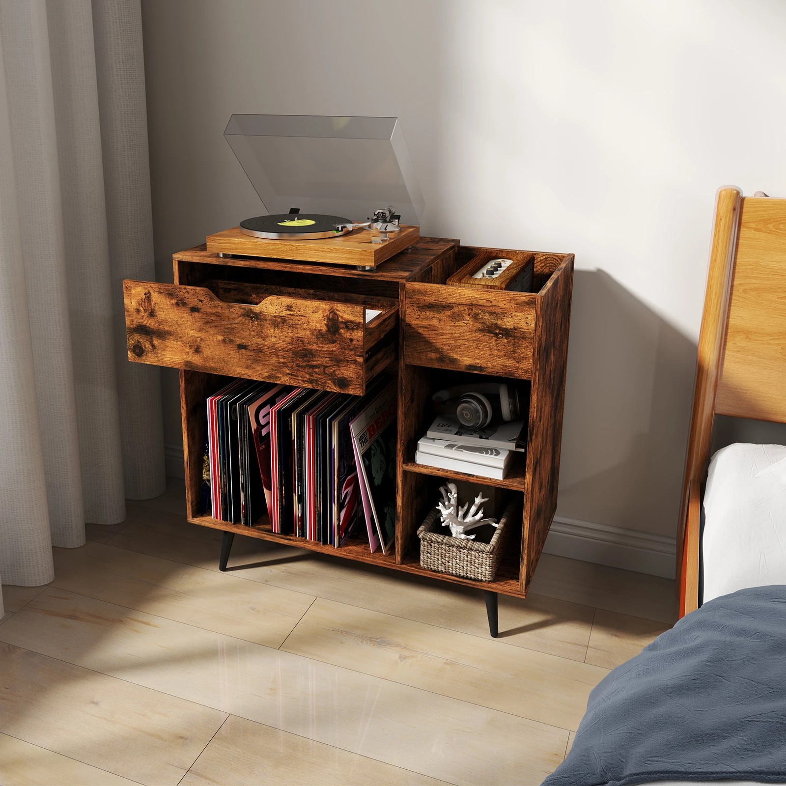 4 Costway Record Player Stand w/Power Outlets Industrial Vinyl Record Storage Cabinet, 4 of 7