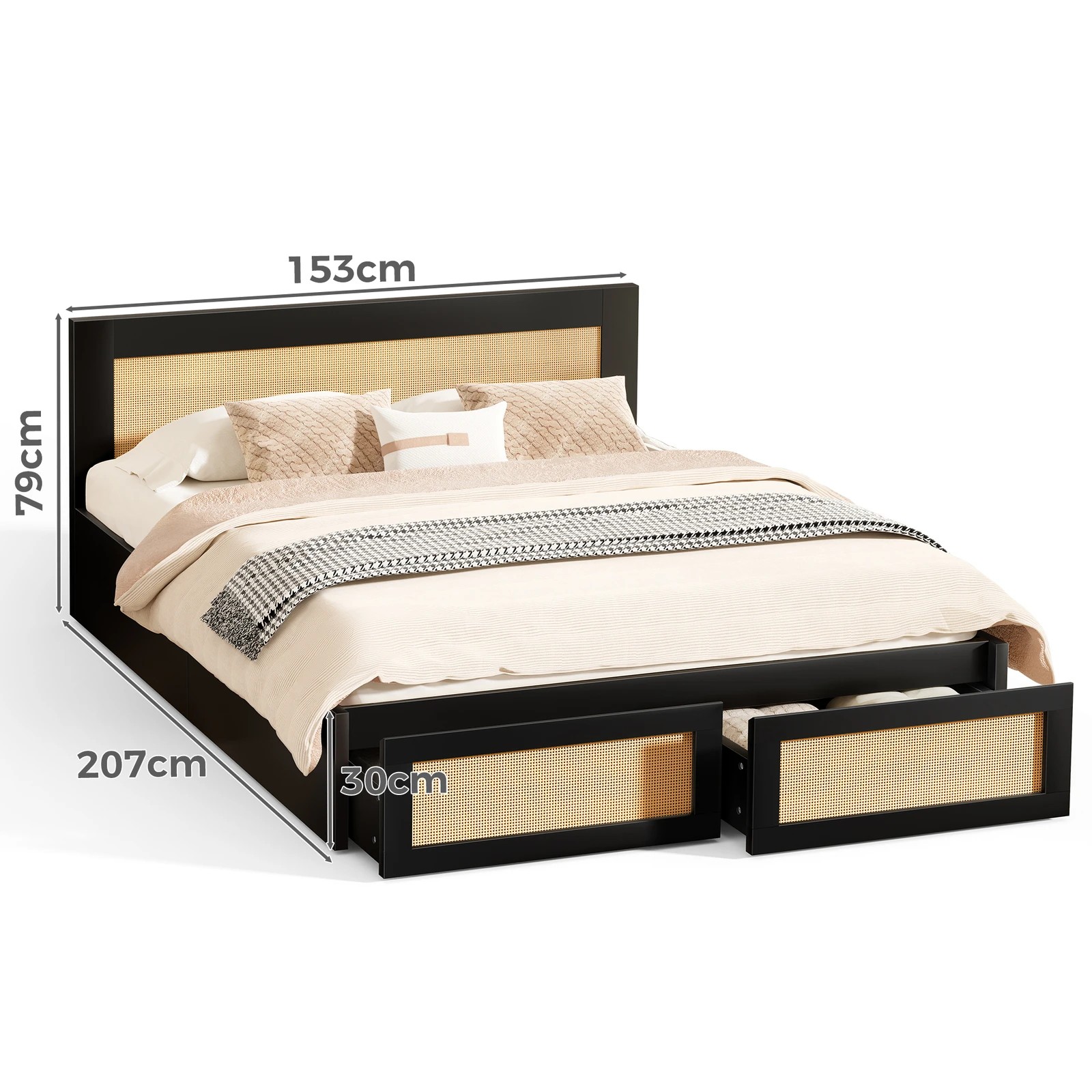 2 Alfordson Wooden Bed Frame Queen Size Rattan Bed Base with Storage Drawers - Black, 2 of 10