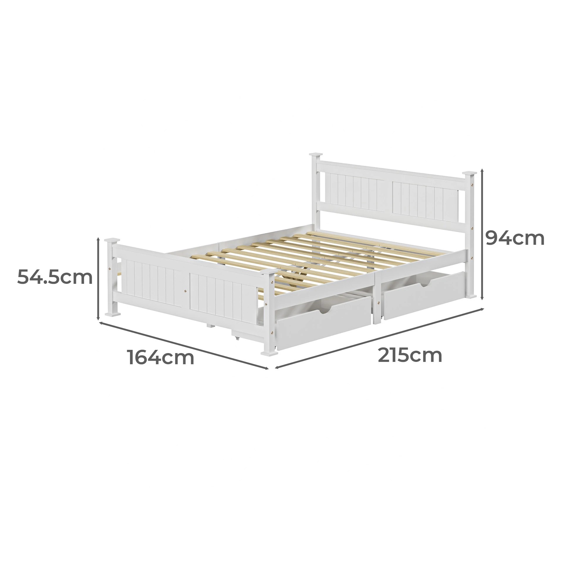 2 Oikiture Solid Pine Wood Bed Frame with 2 Trundle Drawers Queen - White, 2 of 7