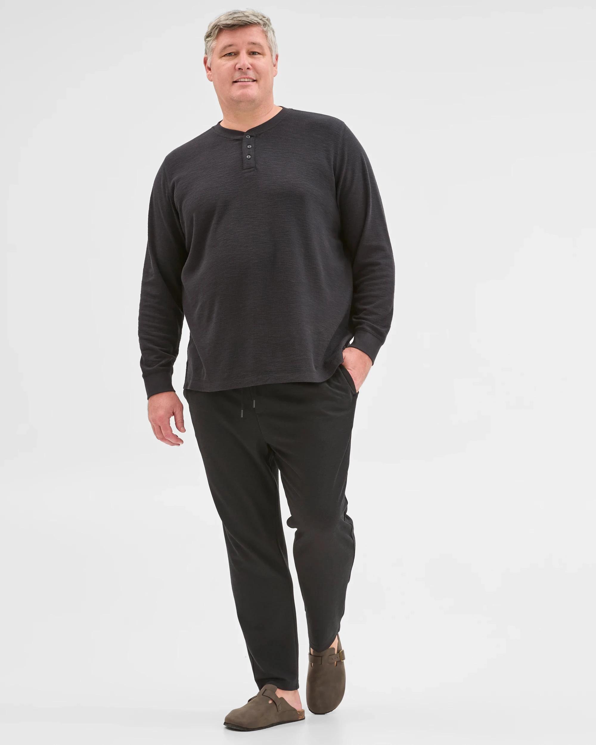 2 Target Man Plus Size Australian Cotton Long Sleeve Waffle Henley T-Shirt BLACK MARLE, 2 of 5
