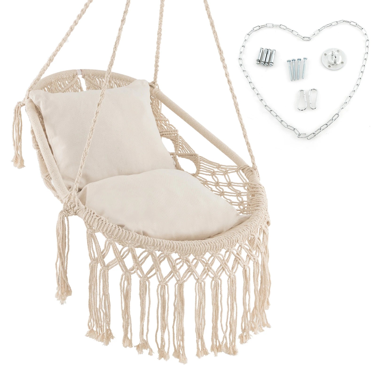 1 Costway Hammocks Swing Chair Hanging Macrame Chair Outdoor Indoor w/2 Cushions - Beige, 1 of 1