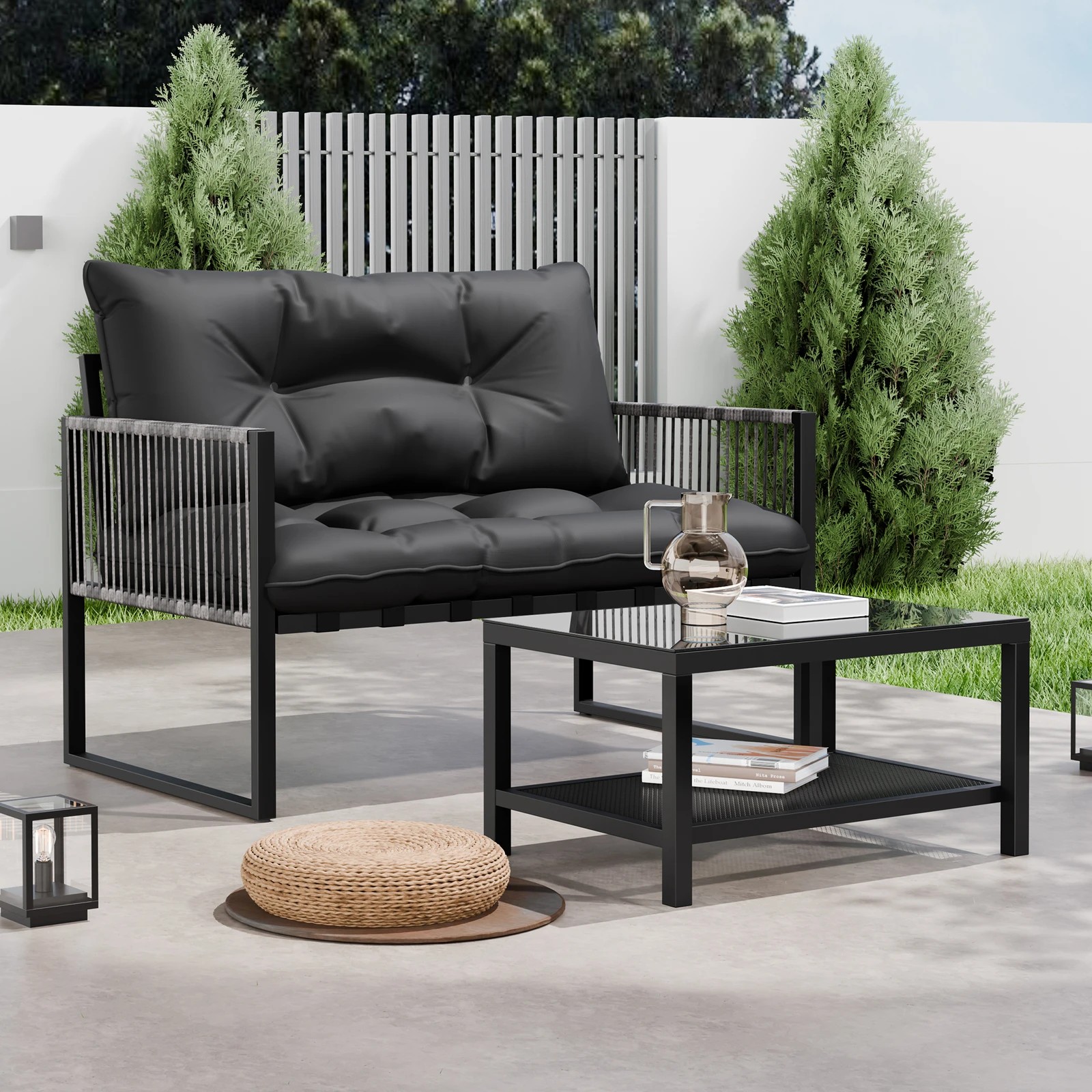 3 Alfordson 2PCS Outdoor Lounge Sofa Set Wicker Furniture Table and Chairs Garden - Black Grey, 3 of 9