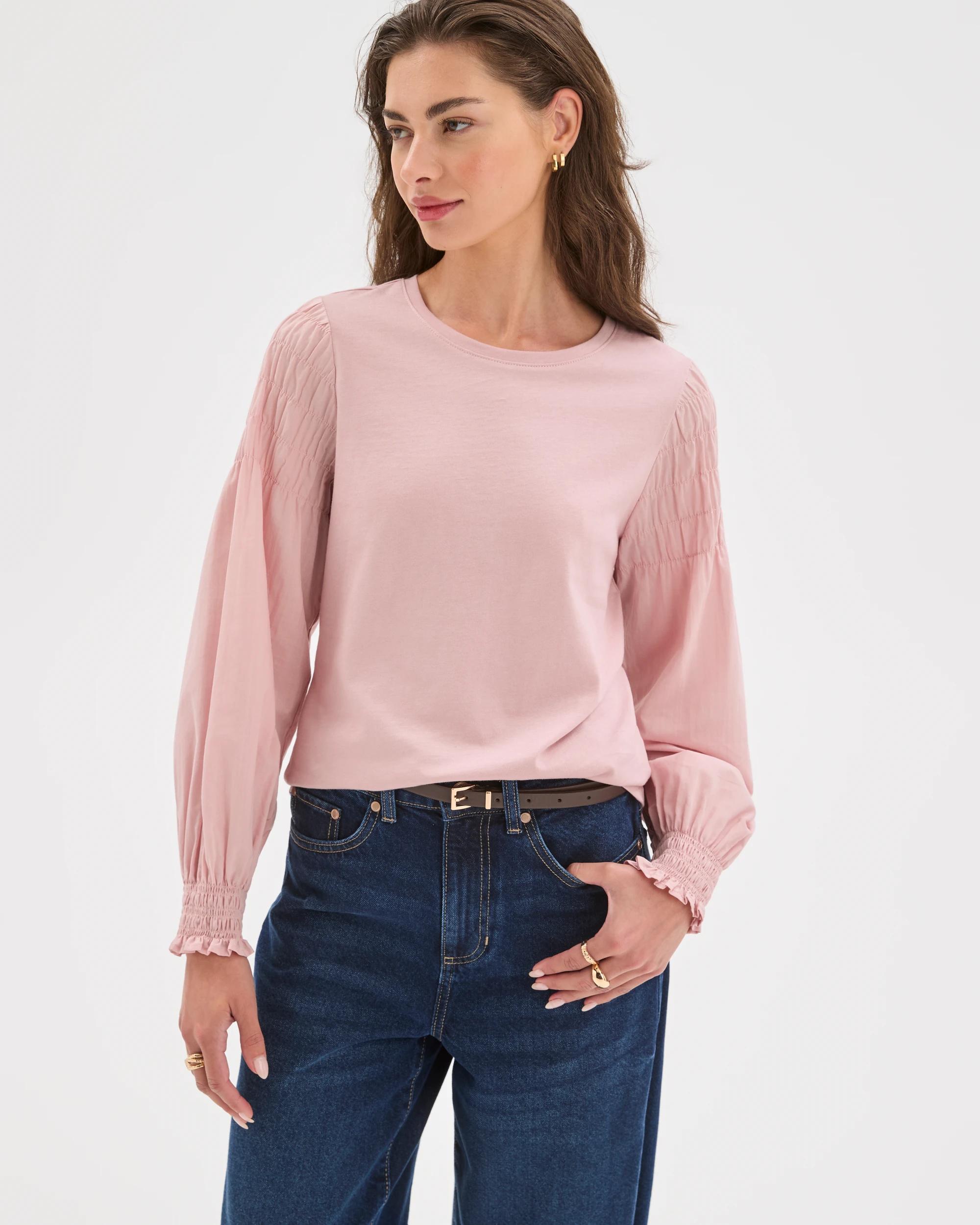 3 Target Petites Australian Cotton Long Sleeve Smocked Knit/Woven Top SOFT BLUSH, 3 of 7