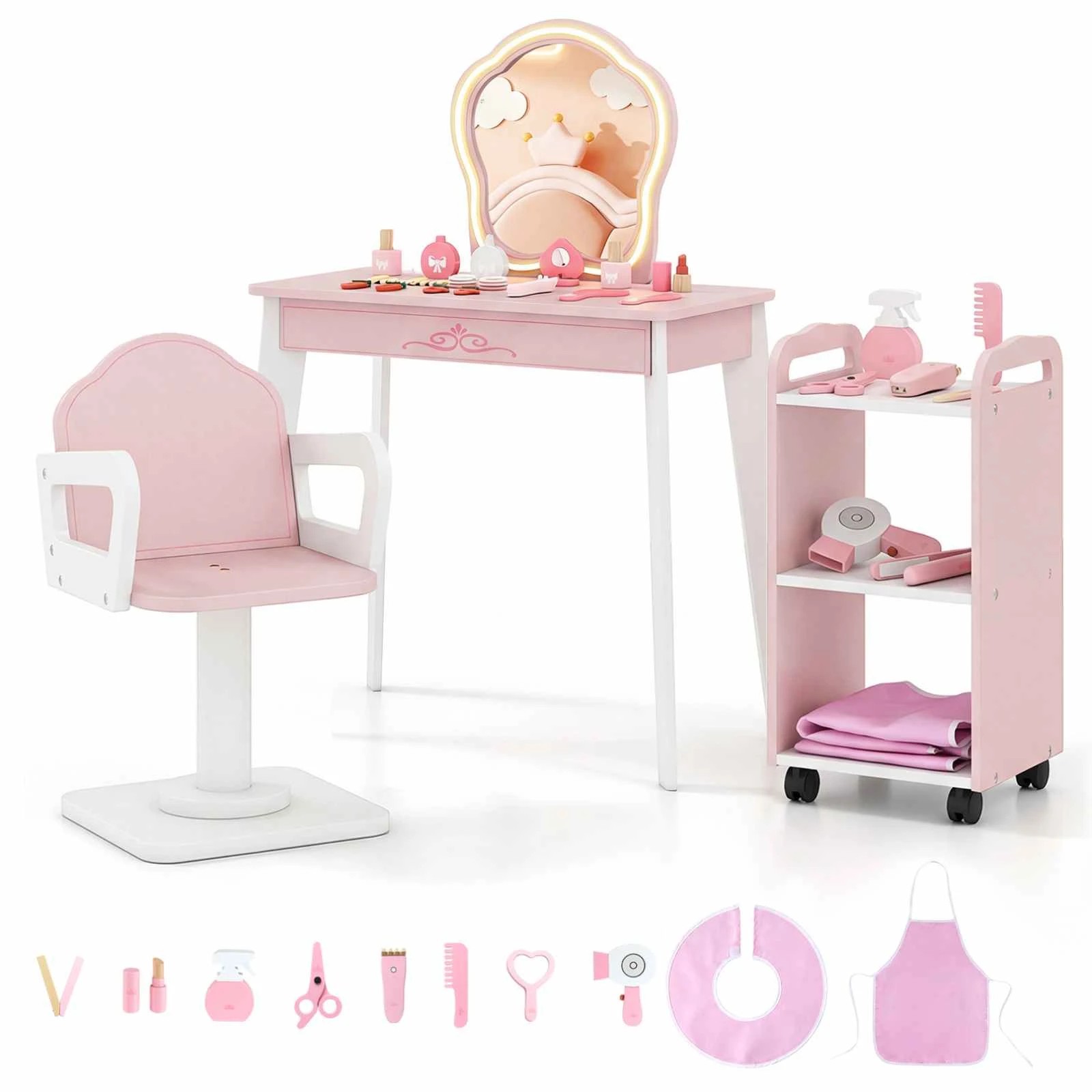 1 Costway Makeup Vanity Set Hair Salon Station Table Chair Set - Pink, 1 of 2
