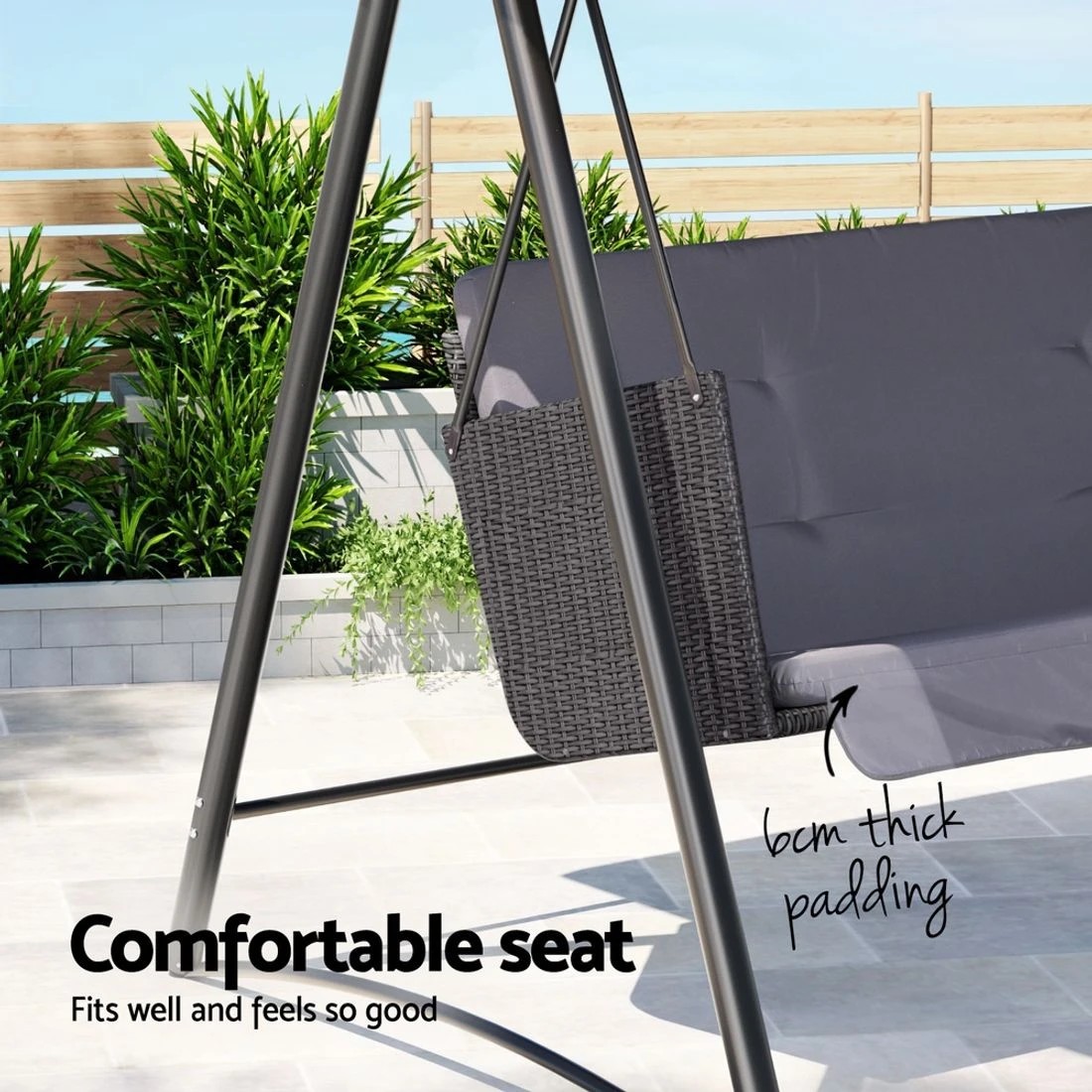 4 Gardeon Outdoor Swing Chair Garden Bench Furniture Canopy 3 Seater - Grey, 4 of 5