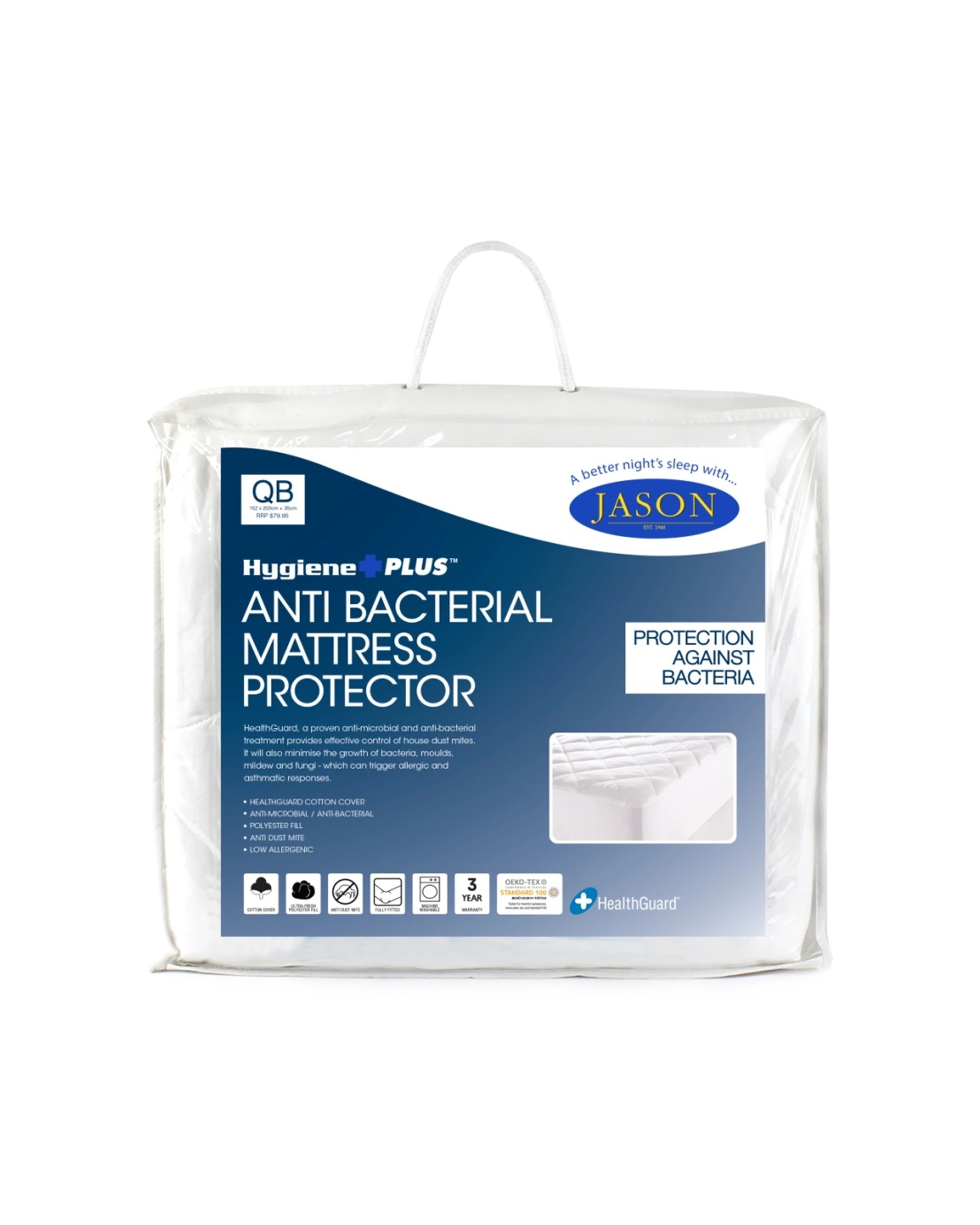 1 Jason Antibacterial Mattress Protector Allergy & Aathma Friendly Fully Fitted - White, 1 of 10