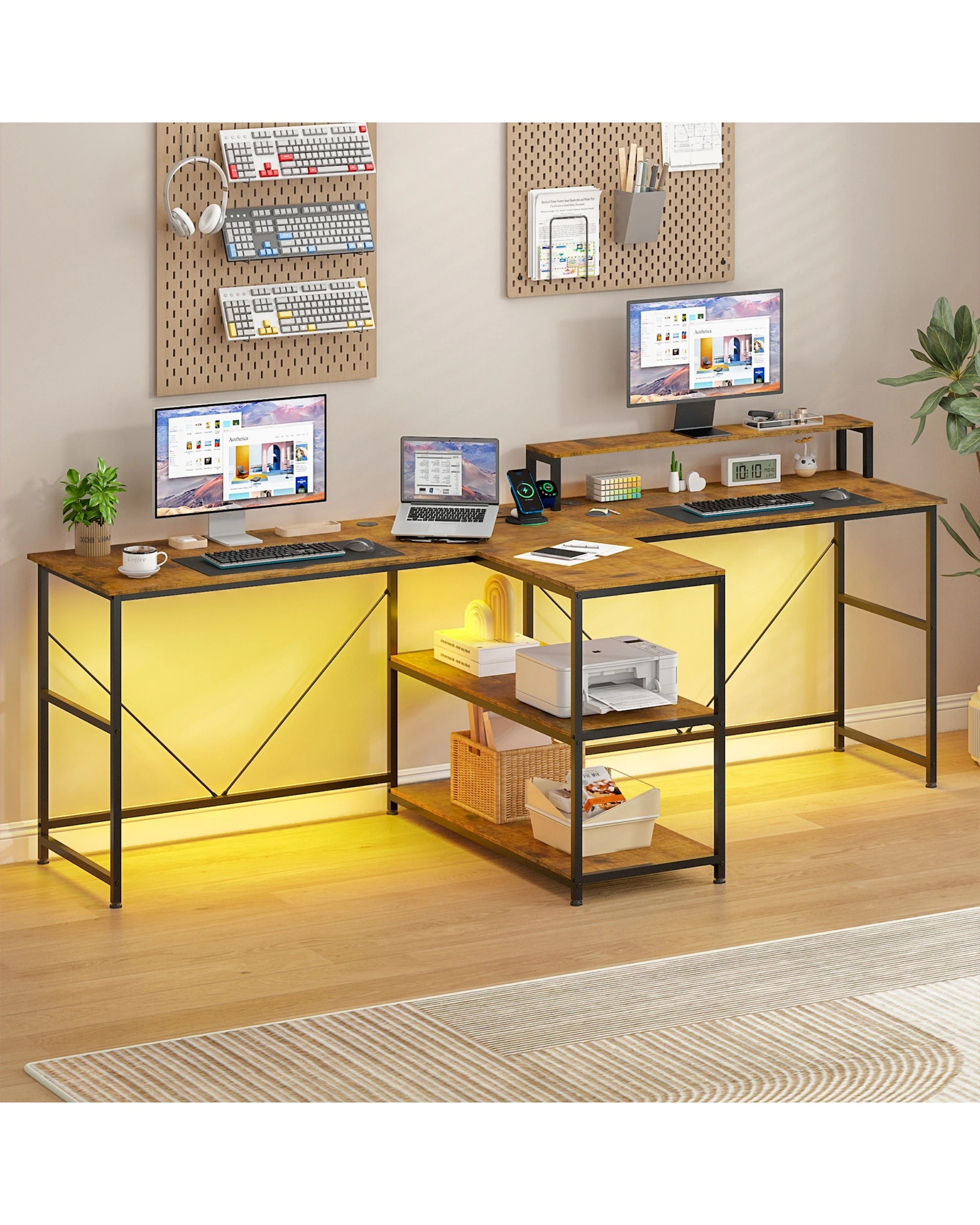 3 Advwin 236cm 2 Person LED Gaming  Computer Desks w/ Power Outlets - Brown, 3 of 9