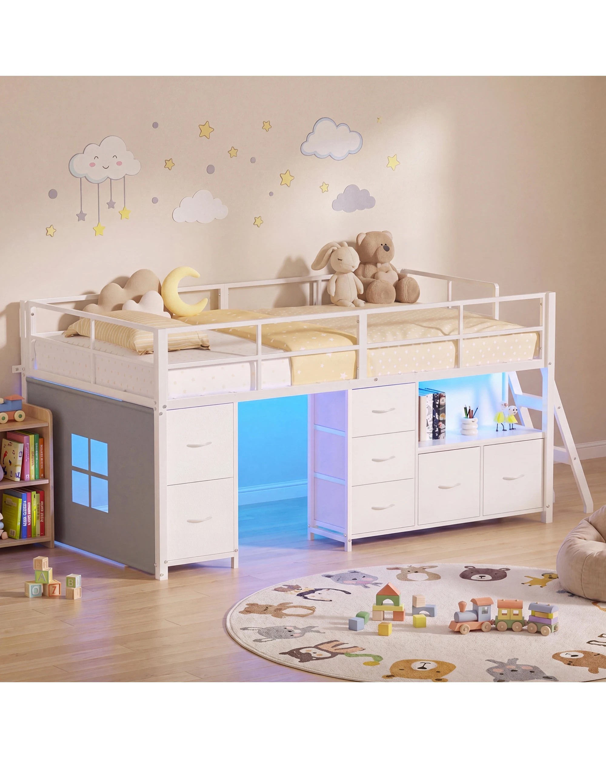 8 Advwin King Single Low Loft Bed with 7 Drawers Bookcase LED Light for Kids - White, 8 of 8