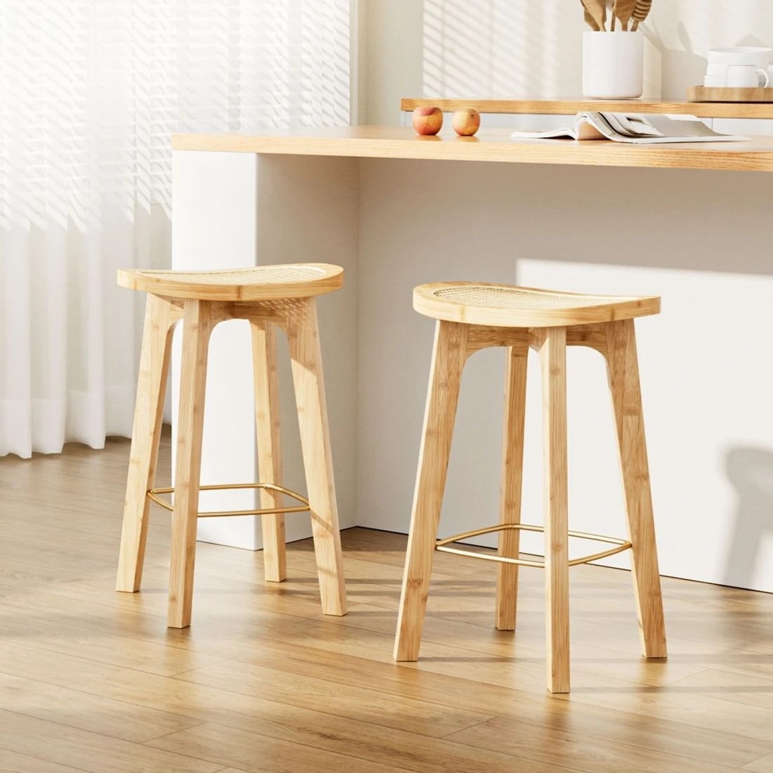 3 Artiss 2x Bar Stools Bamboo Rattan Stool Counter Chair Kitchen Barstools - Natural, 3 of 7