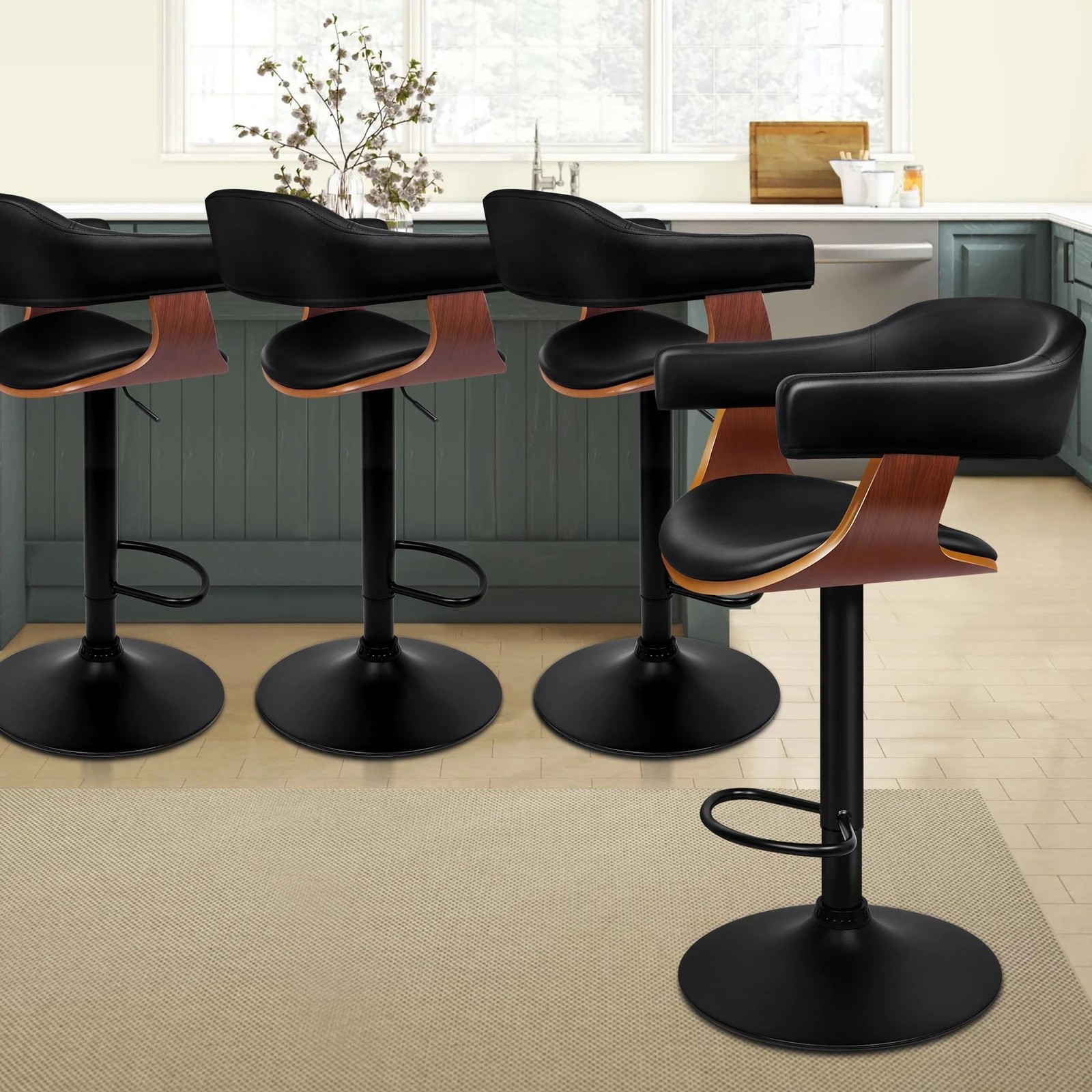 9 Alfordson 4x Bar Stool Joan Kitchen Swivel Chair Wooden Leather Gas Lift - Black, 9 of 9