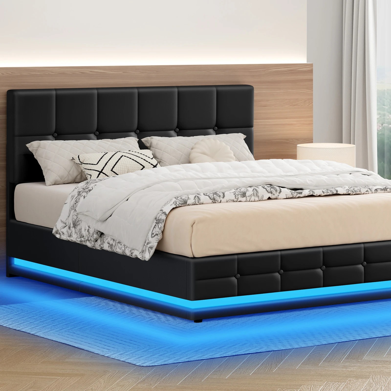 2 Alfordson Bed Frame Double Size Platform RGB LED Gas Lift Base Storage - Black, 2 of 10