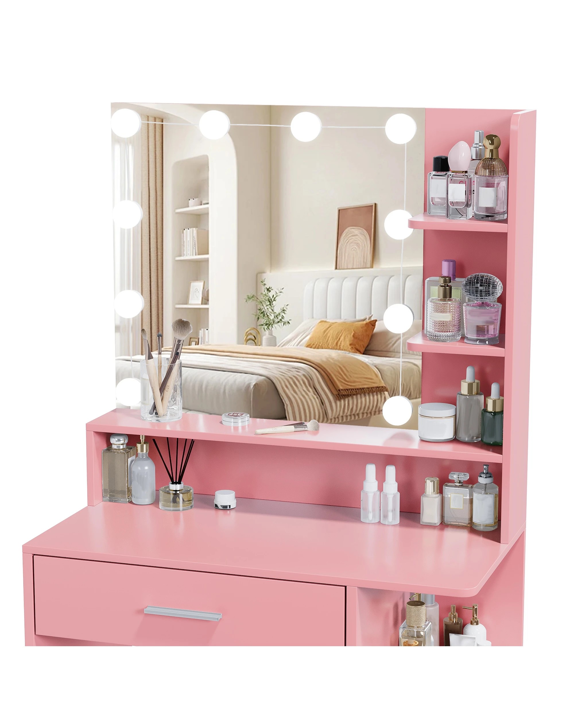 7 Advwin Dressing Table Stool Set LED Light Charging Station Glass Cabinet Tabletop - Pink, 7 of 9