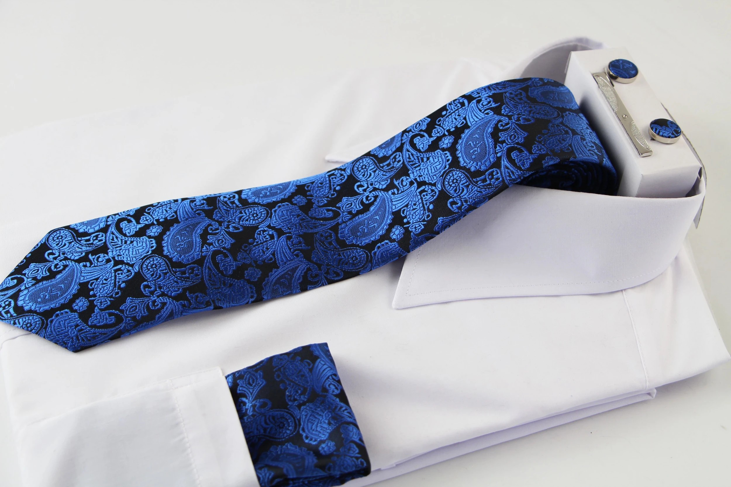1 Zasel Mens Blue & Black Boho Paisley Matching Neck Tie, Pocket Square, Cuff Links And Tie Clip Set - Multi - Multi, 1 of 4