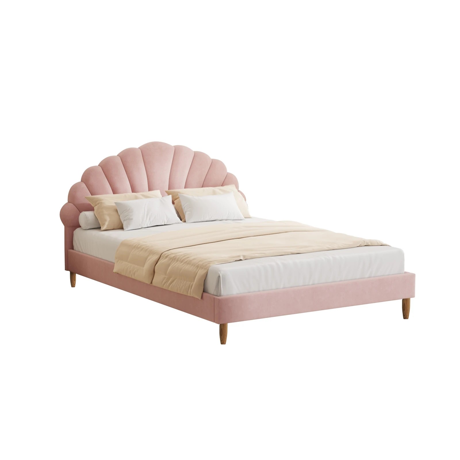1 Oikiture Double Bed Frame Scallop-shape Bedhead Velvet- Pink, 1 of 10
