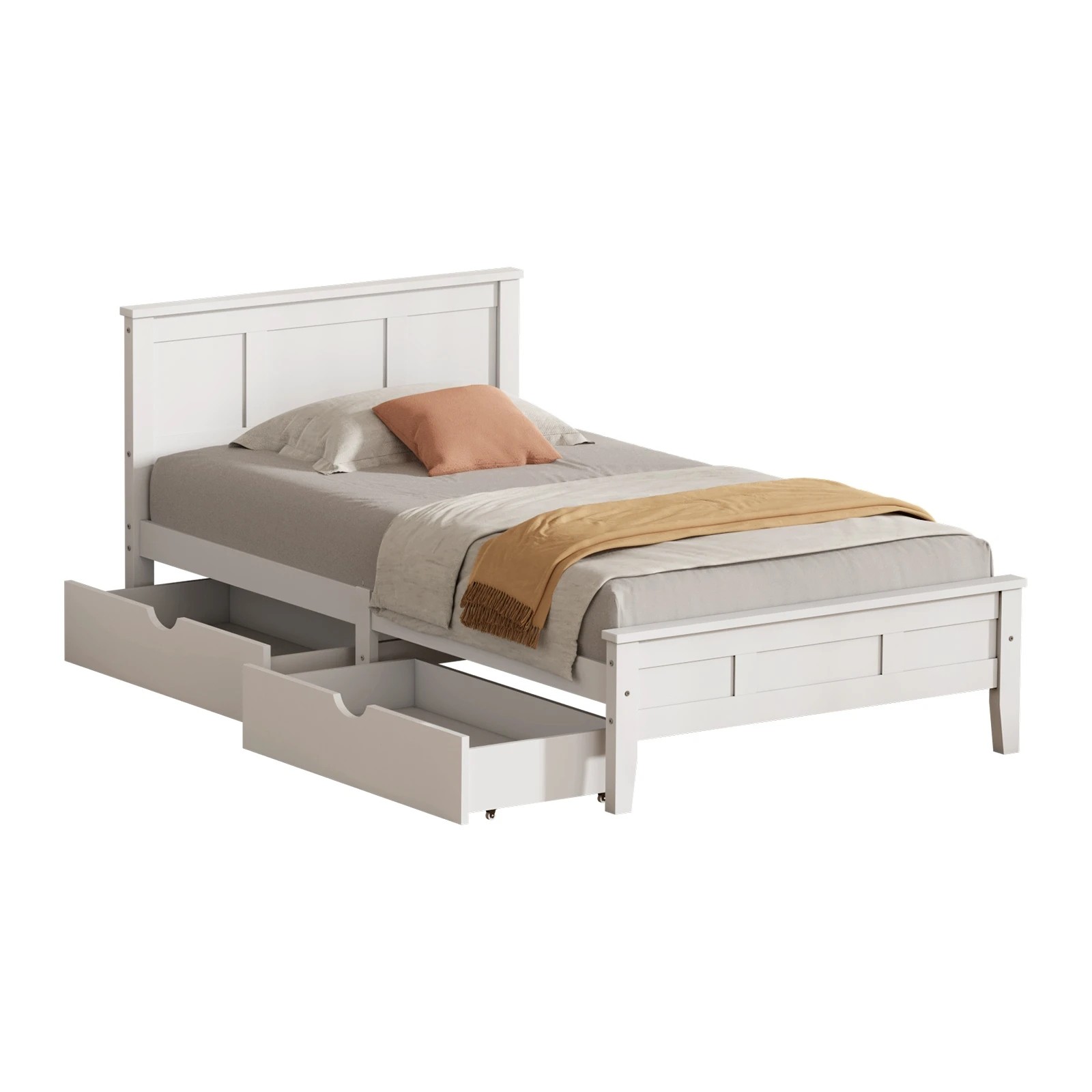 3 Oikiture King Single Wooden Bed Frame Platform with Headboard 2 Storage Drawers - White, 3 of 10