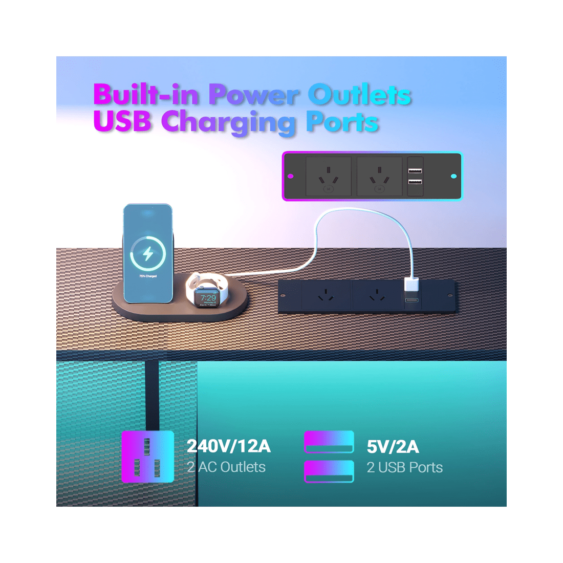 6 Advwin 120cm Computer Gaming Desk With Led Lights Power Outlets Reversible Printer Storage Shelf Black, 6 of 10