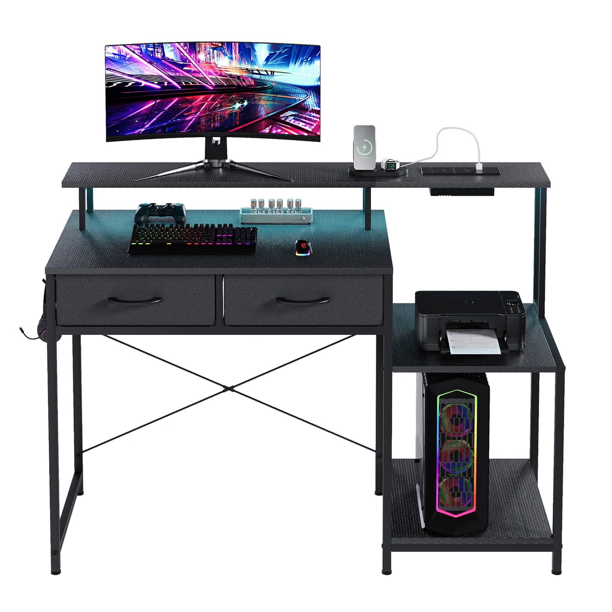 7 Advwin 120cm Computer Gaming Desk With Led Lights Power Outlets Reversible Printer Storage Shelf, 7 of 10