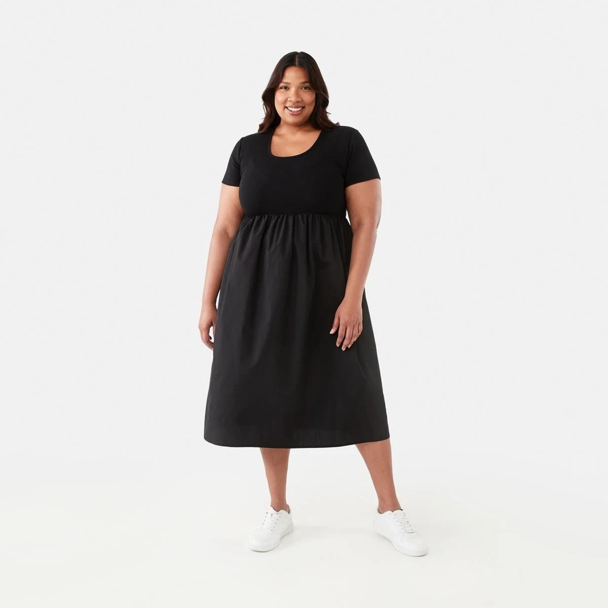 1 Curve Knit Woven Midi Dress Black, 1 of 6