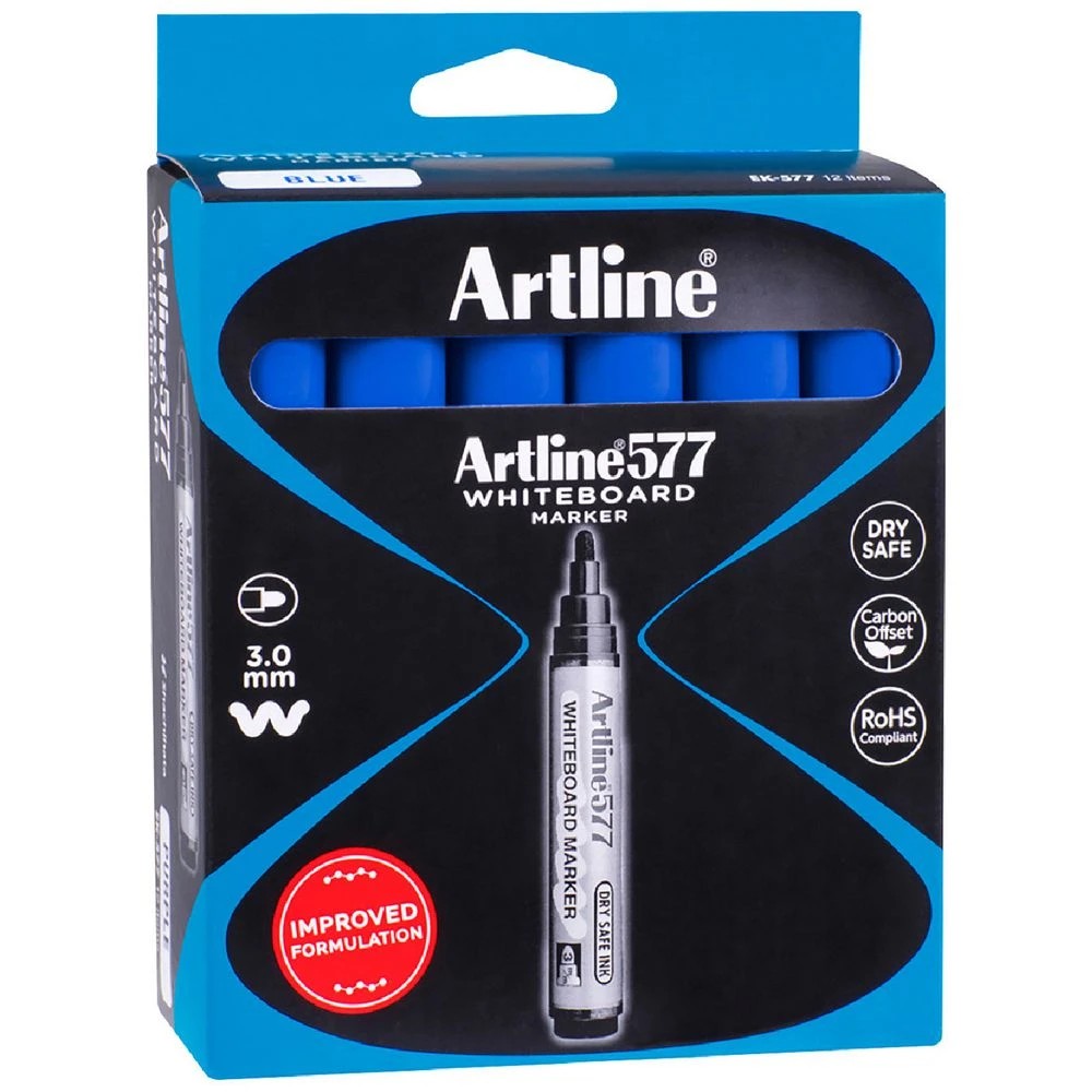 1 Artline 577 Whiteboard Markers Bullet Blue 12 Pack, 1 of 3