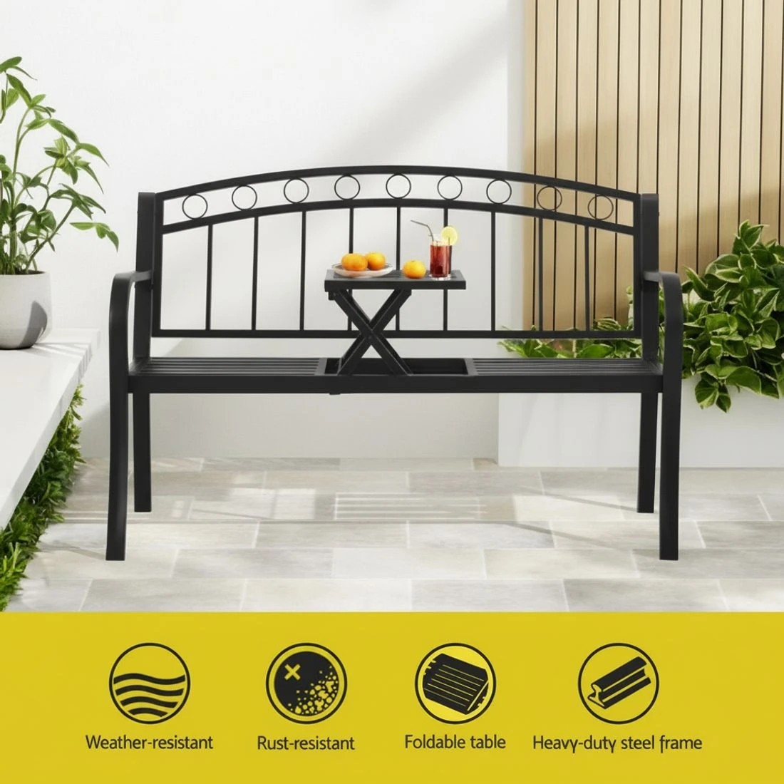 4 Gardeon Outdoor Garden Bench Seat Loveseat Steel Foldable Table Patio Furniture - Black, 4 of 6