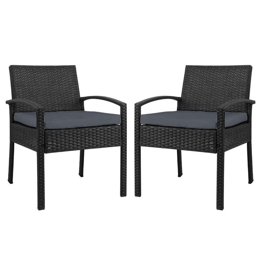 1 Gardeon 2PC Outdoor Dining Chairs Patio Furniture Rattan Lounge Chair Cushion - Black, 1 of 5