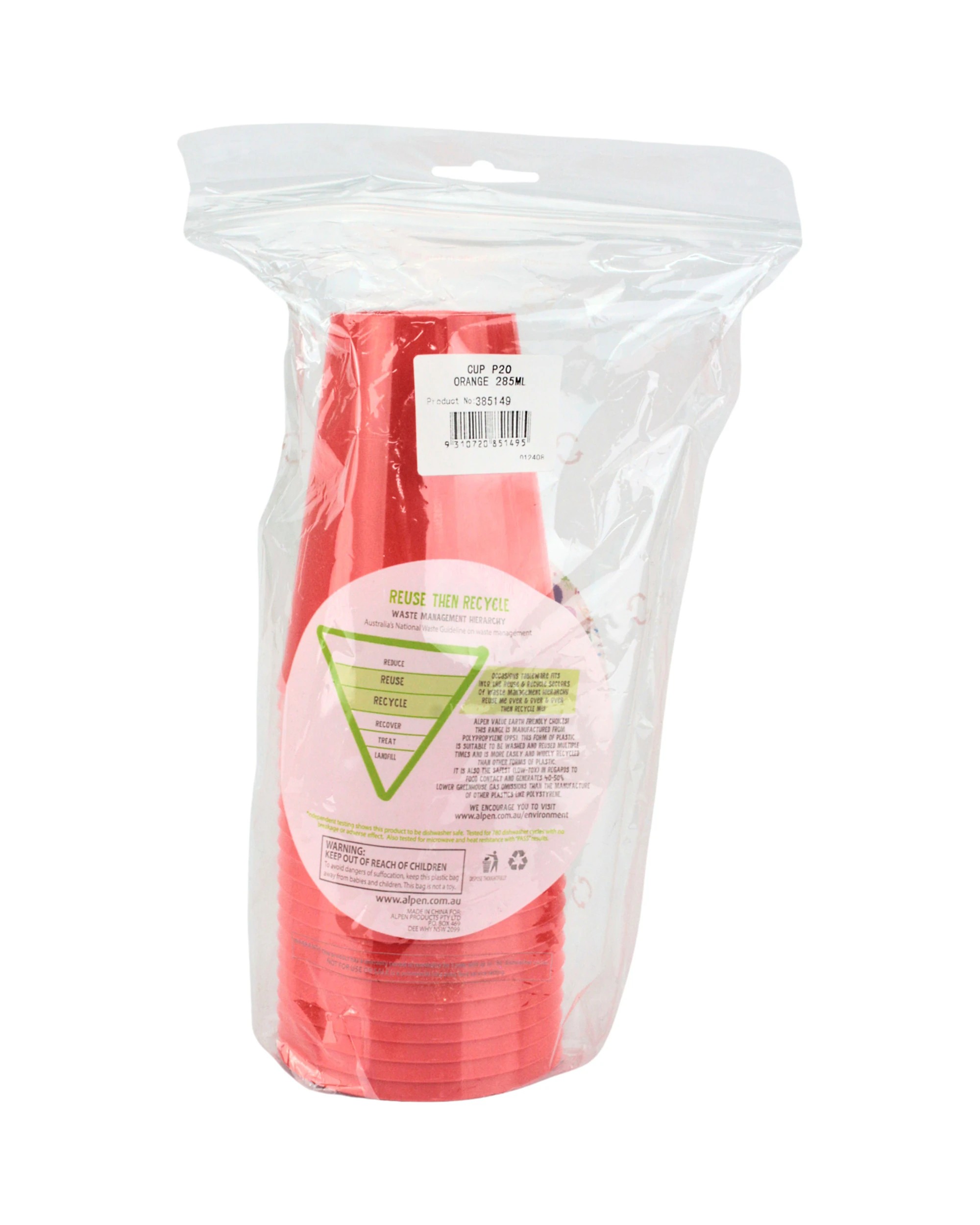 3 Alpen Plastic Reusable Cups 285ml Pack of 20 - Orange, 3 of 3