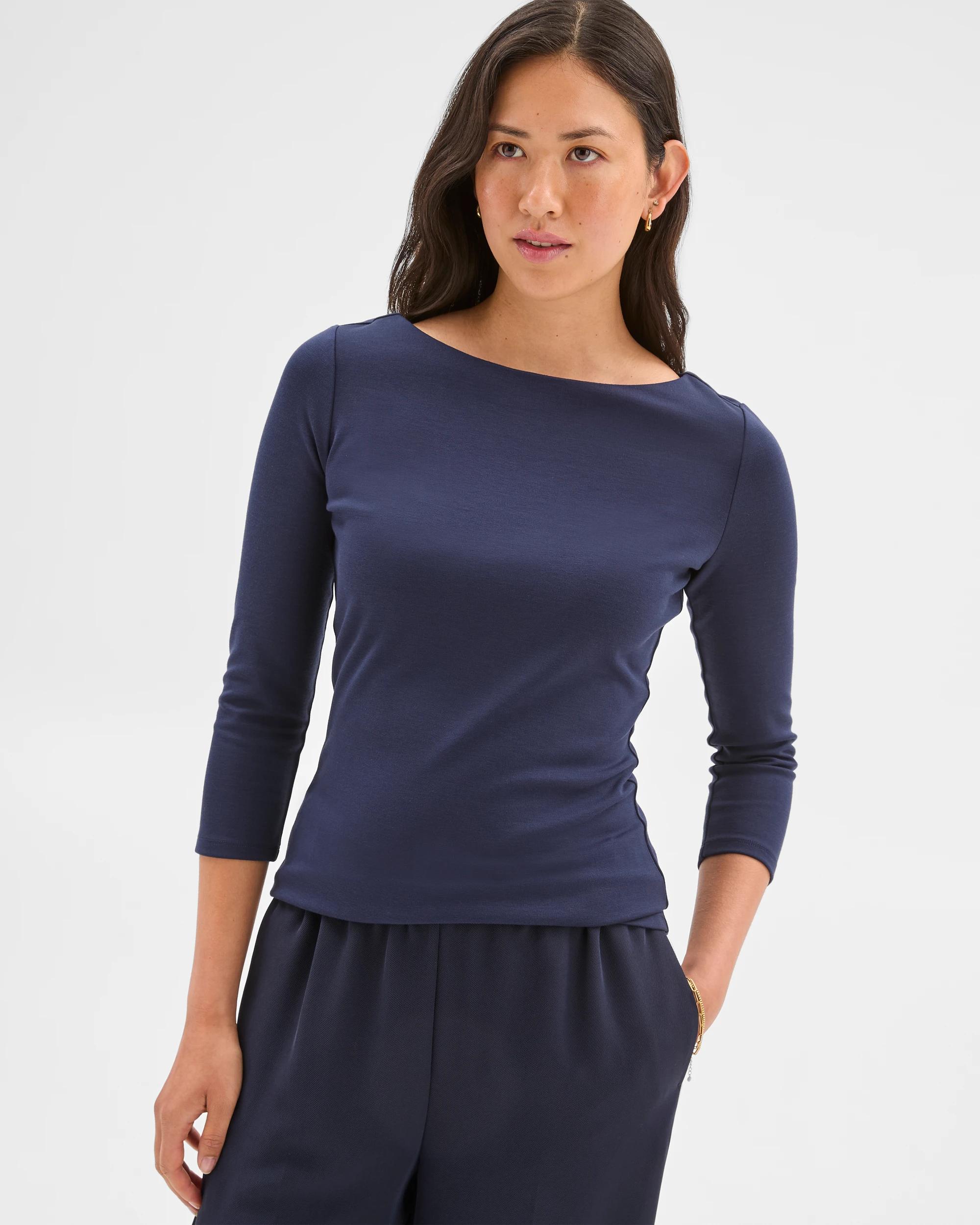 3 3/4 Sleeve Boat Neck Ponte Top - Preview NAVY BLUE, 3 of 5