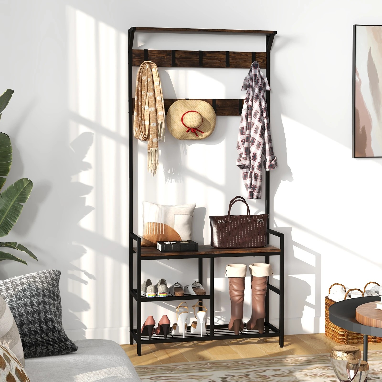 2 Costway 3-in-1 Coat Rack Clothes Stand Storage Rack Garment w/Shoe Bench, 2 of 10