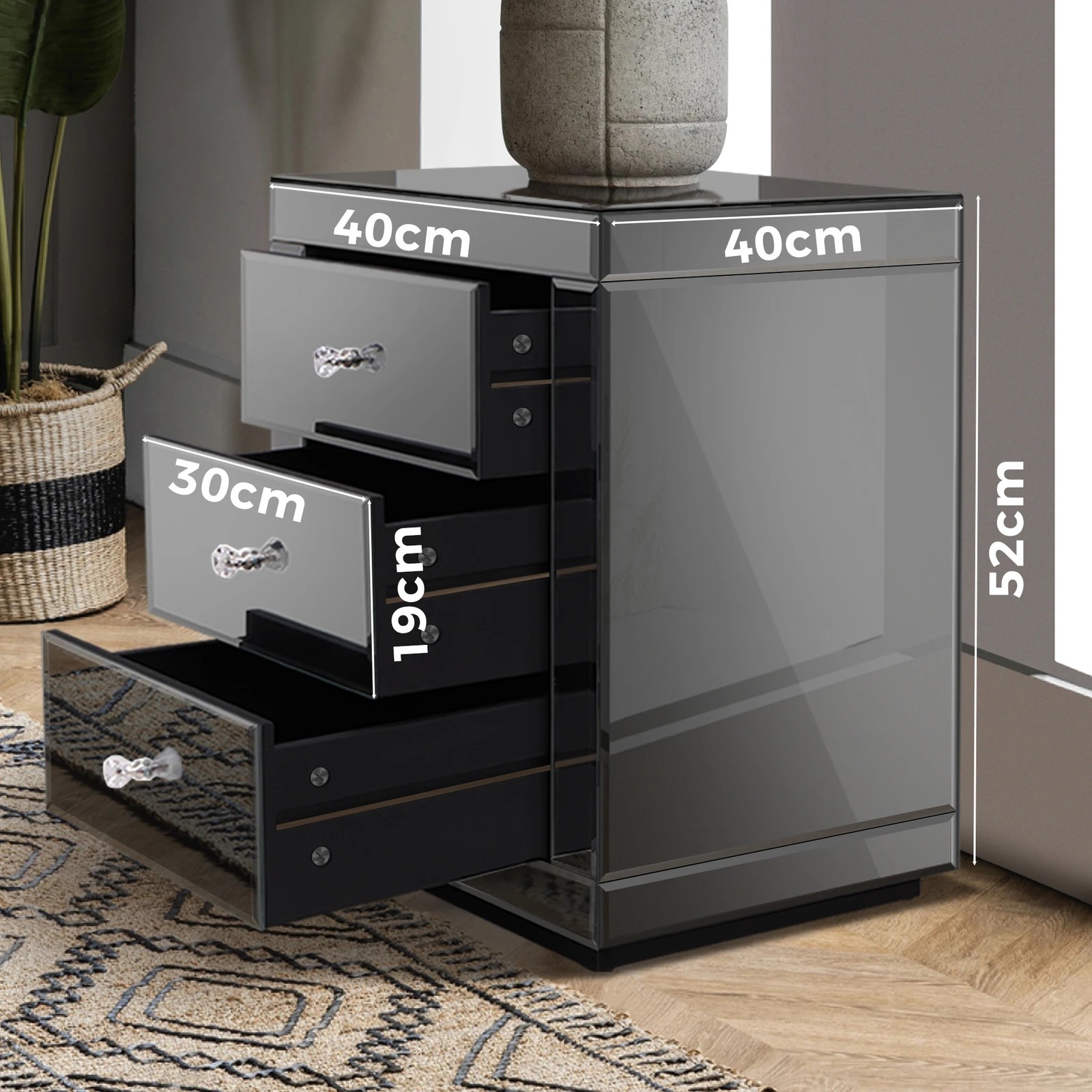 6 Alfordson 2x Mirrored Bedside Table Cabinet Nightstand Drawers - Grey, 6 of 10