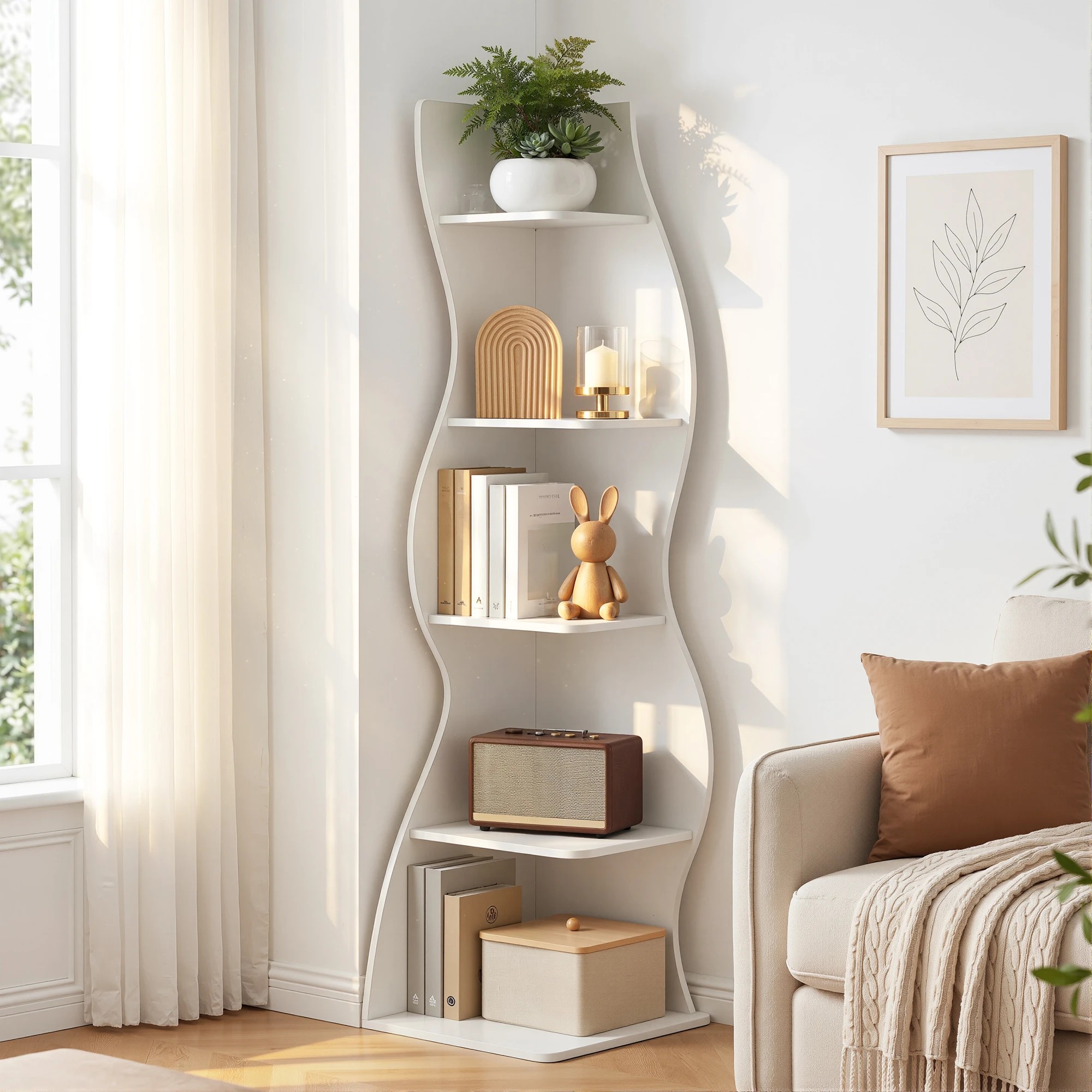 8 Artiss 5-Tier Bookshelf Corner Shelf S-shaped Storage Rack - White, 8 of 8