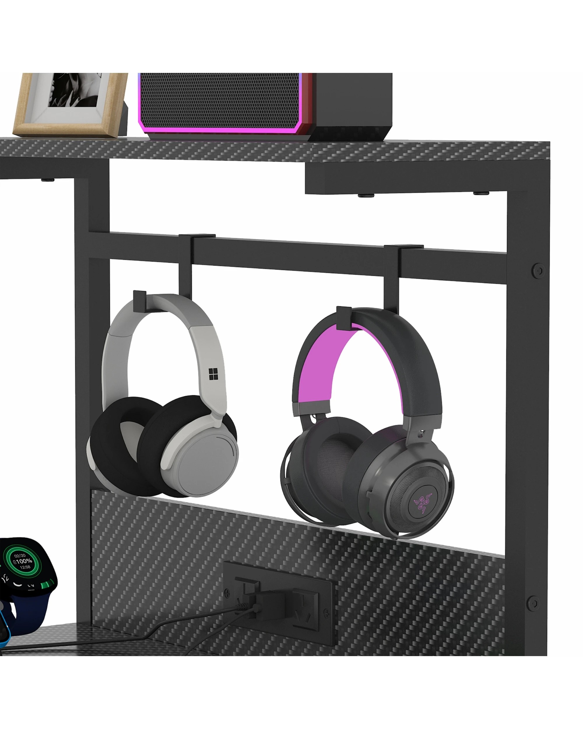 5 Advwin Gaming Desk with LED Lights & Power Outlets Reversible Storage Shelf 120cm Computer Desk with Fabric Drawer, 5 of 10