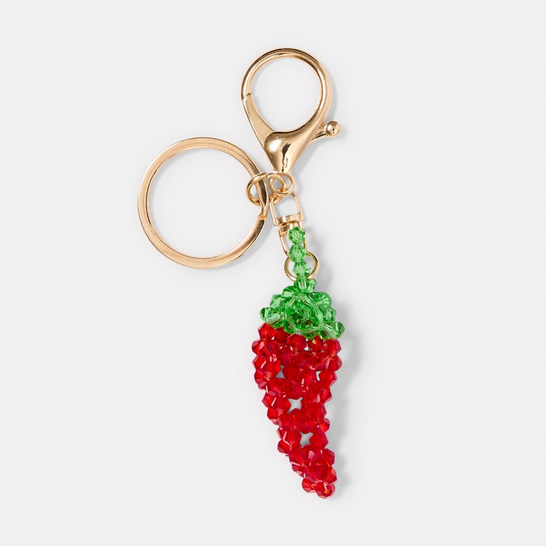 1 Bead Chilli Charm Keyring - Gold Tone, Red and Green, 1 of 2