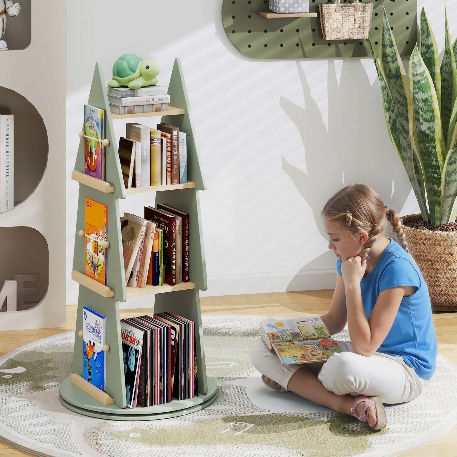 2 Costway 4-Tier Rotating Bookshelf Wood Display Rack - Green, 2 of 2