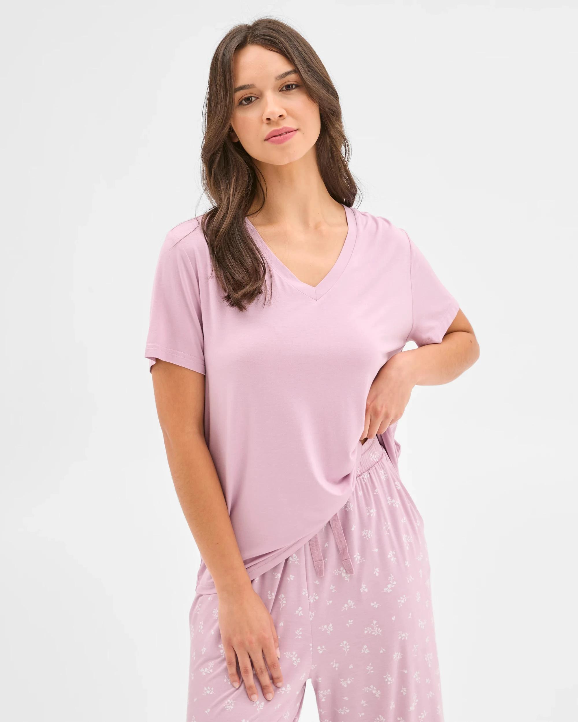 3 Target Woman Soft Comfort Bamboo V-Neck Sleep T-Shirt LACE PINK, 3 of 6