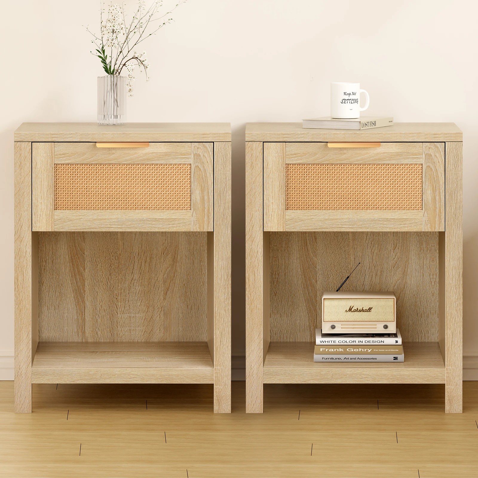 10 Alfordson 2x Bedside Table 1 Drawer Storage Shelf - Oak, 10 of 10