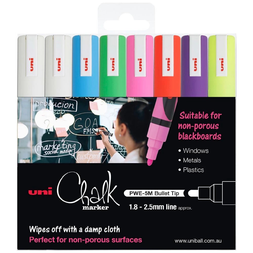 1 Uniball Bullet Liquid Chalk Markers Fluoro Assorted 8 Pack, 1 of 2
