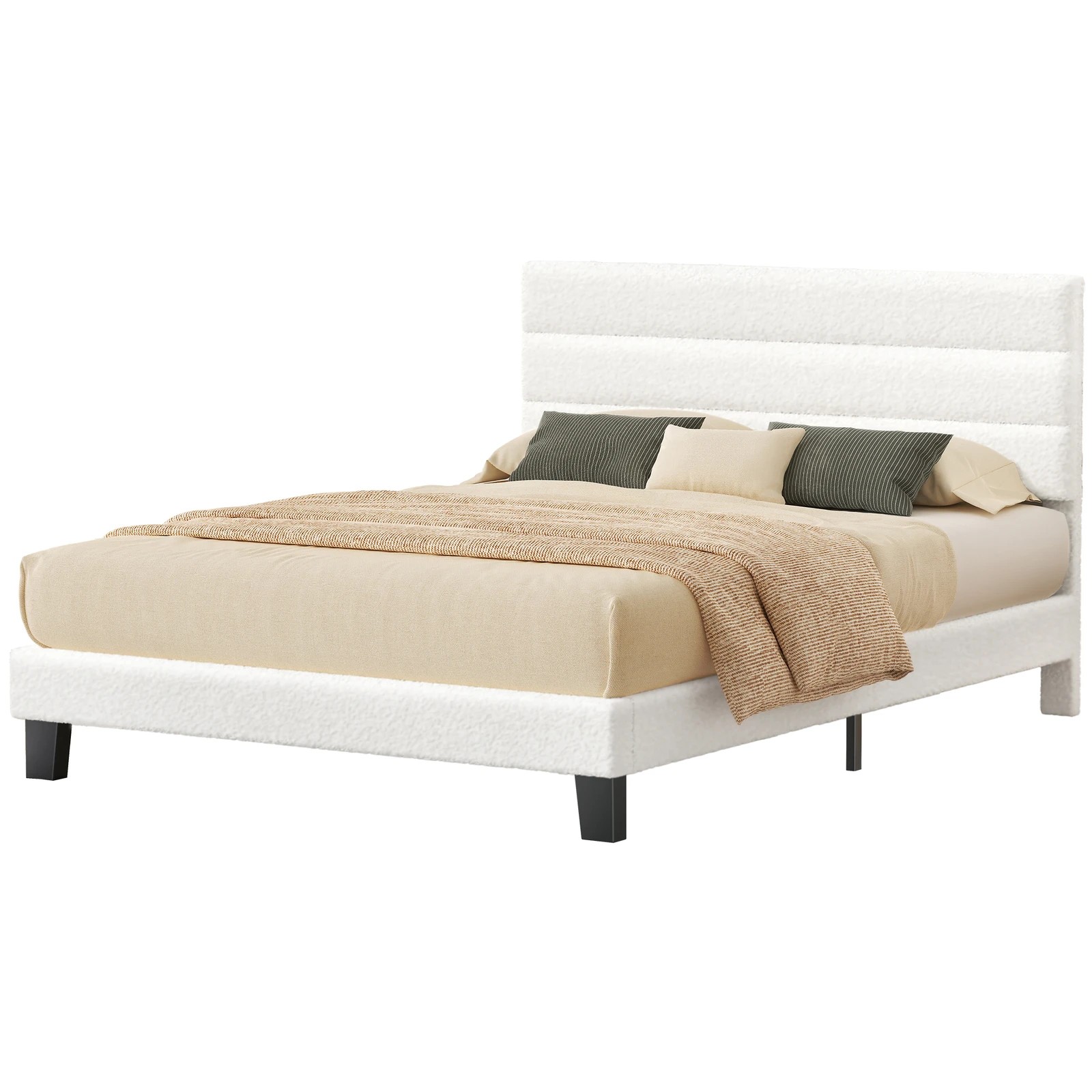 1 Alfordson Bed Frame Queen Size Upholstered Platform Boucle Harlene - White, 1 of 10